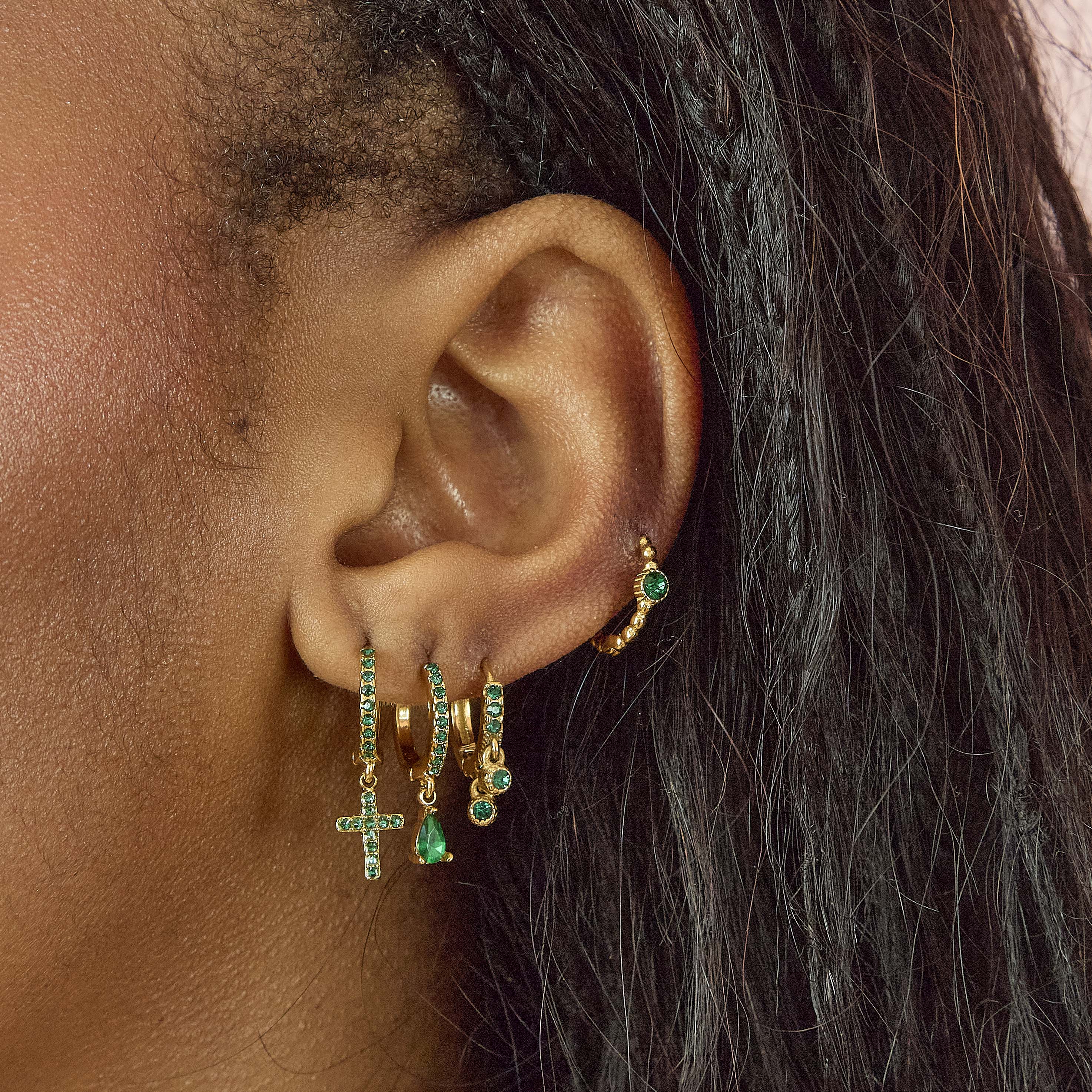 Camelia Gold Green Dainty Double Gem Huggie Earrings - Image 2