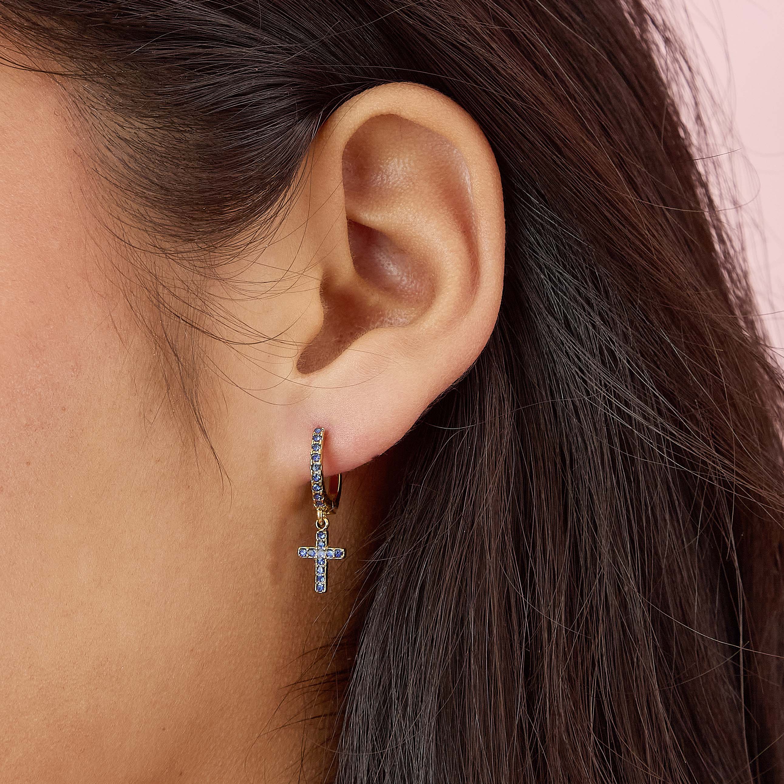 Camilla Gold Blue Cross Huggie Earrings - Image 2