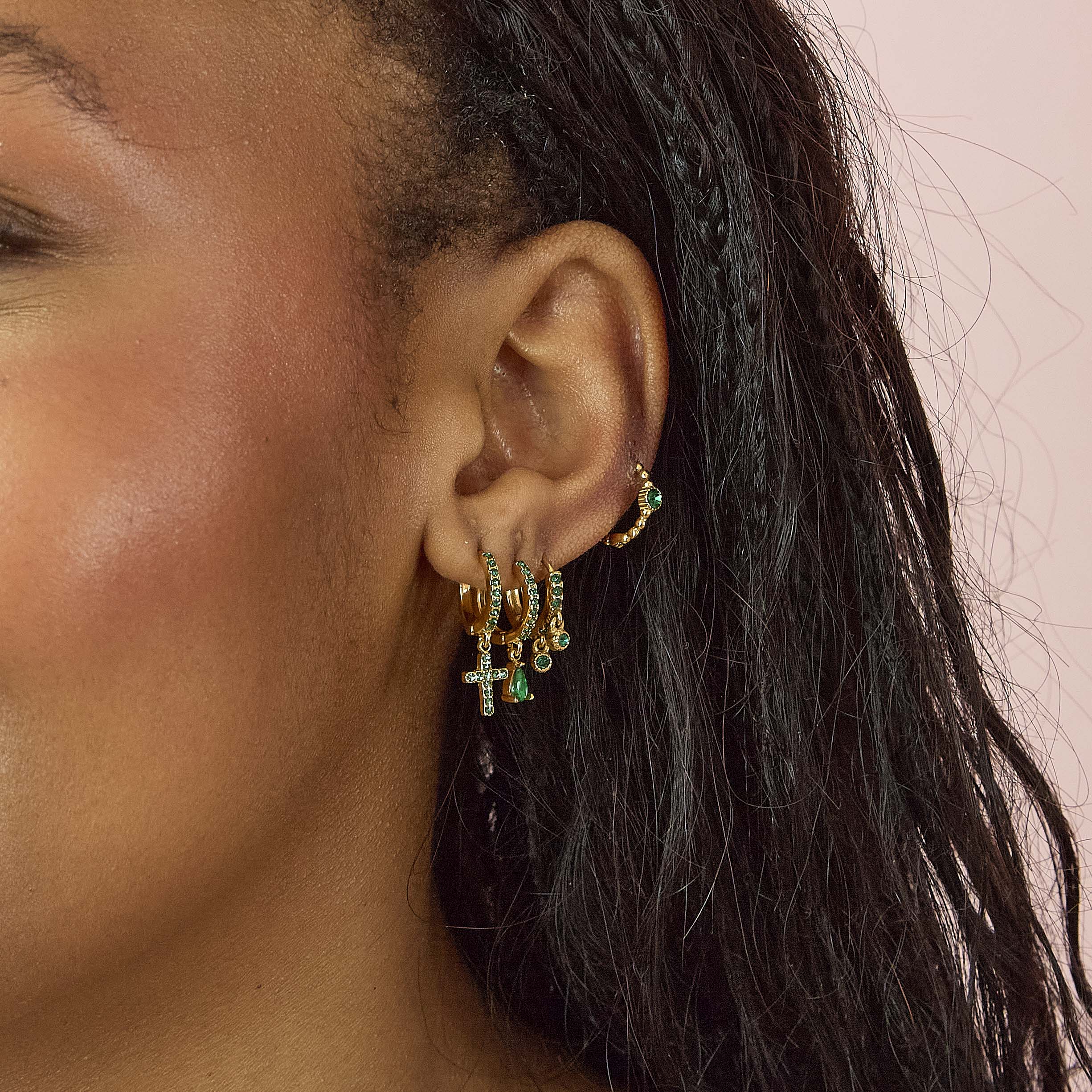 Camilla Gold Green Cross Huggie Earrings - Image 2