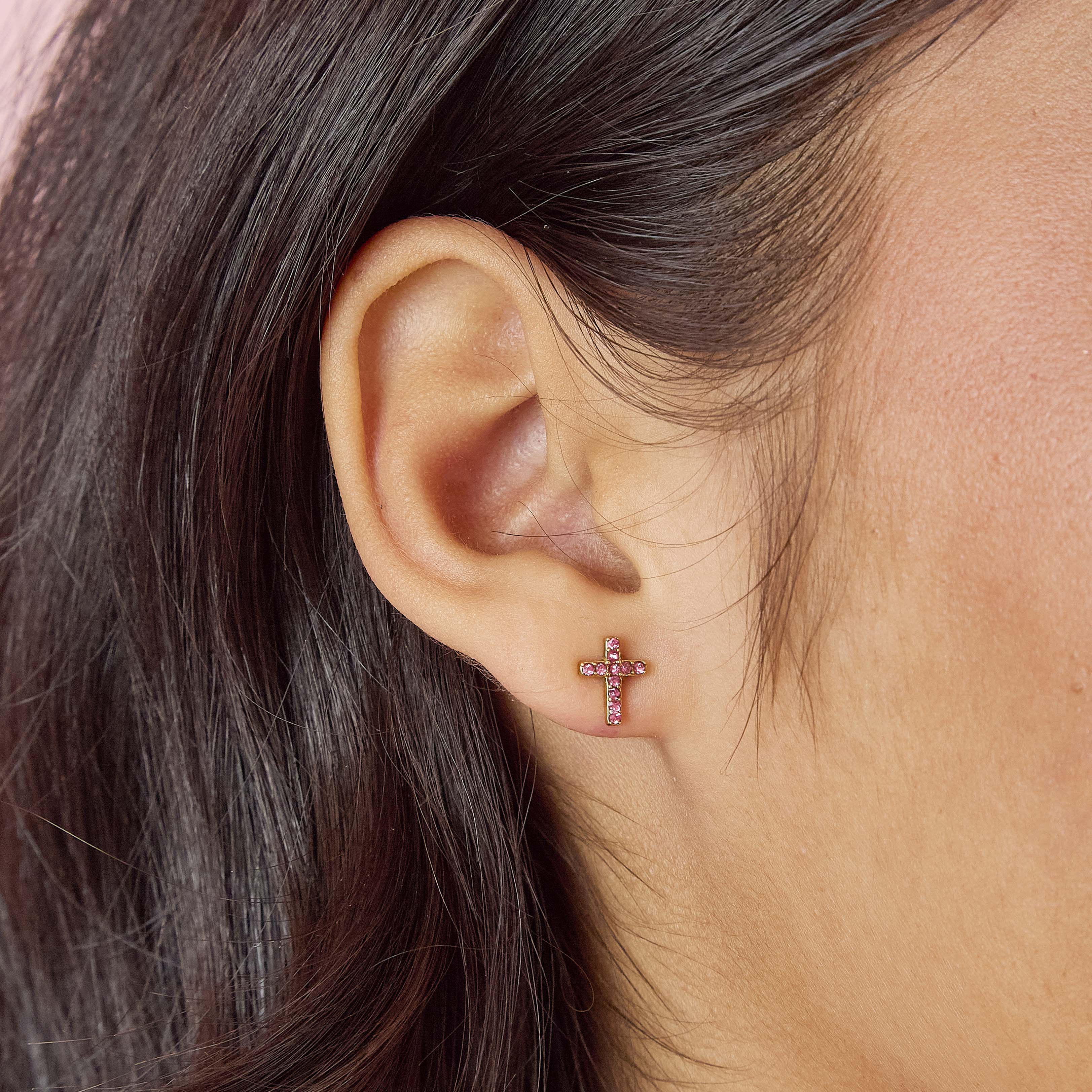 Camilla Gold Pink Cross Stud Earrings - Image 2