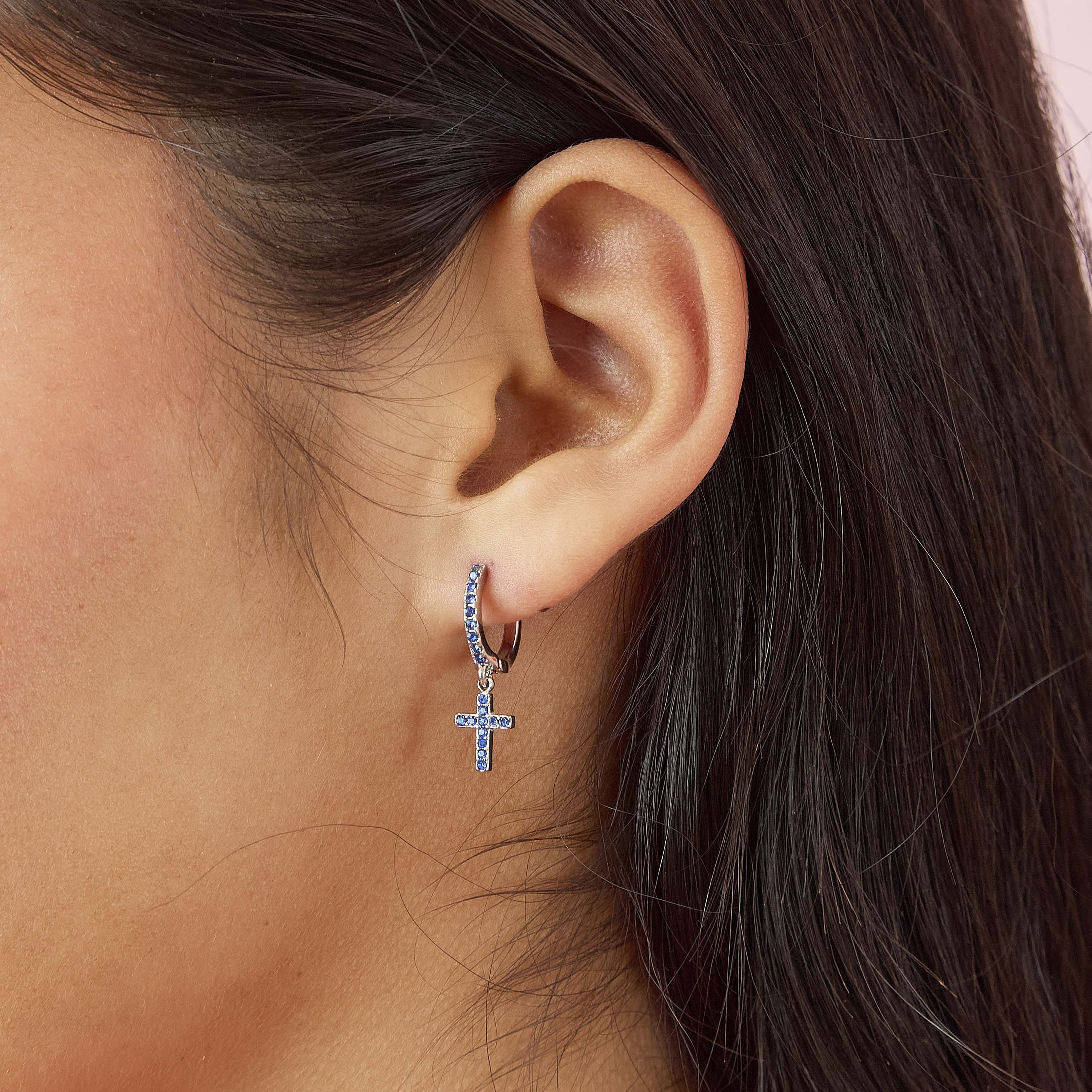 Camilla Silver Blue Cross Huggie Earrings - Image 2