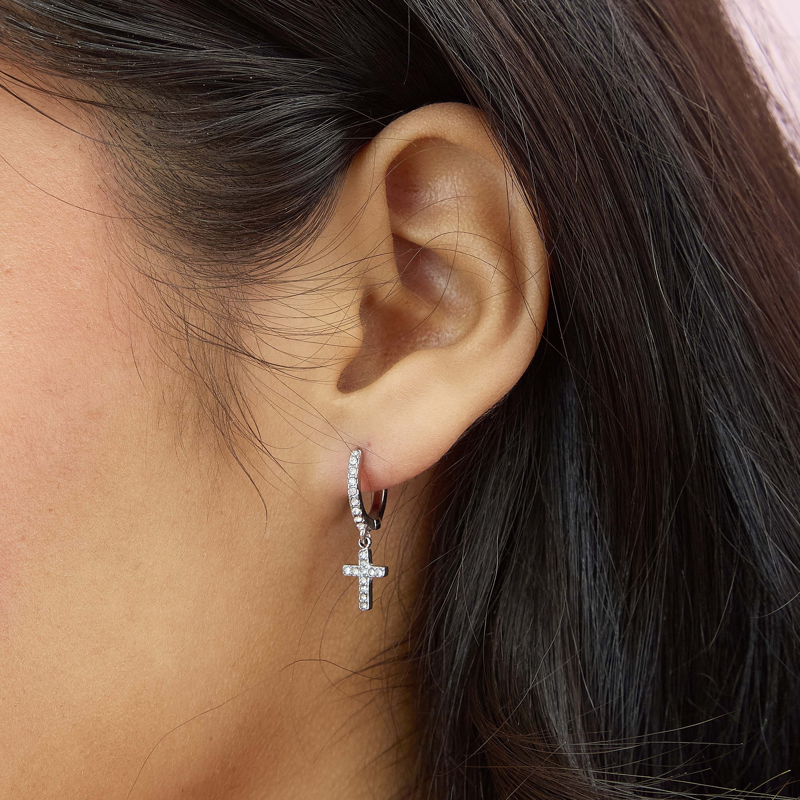 Camilla Silver Crystal Cross Huggie Earrings - Image 2