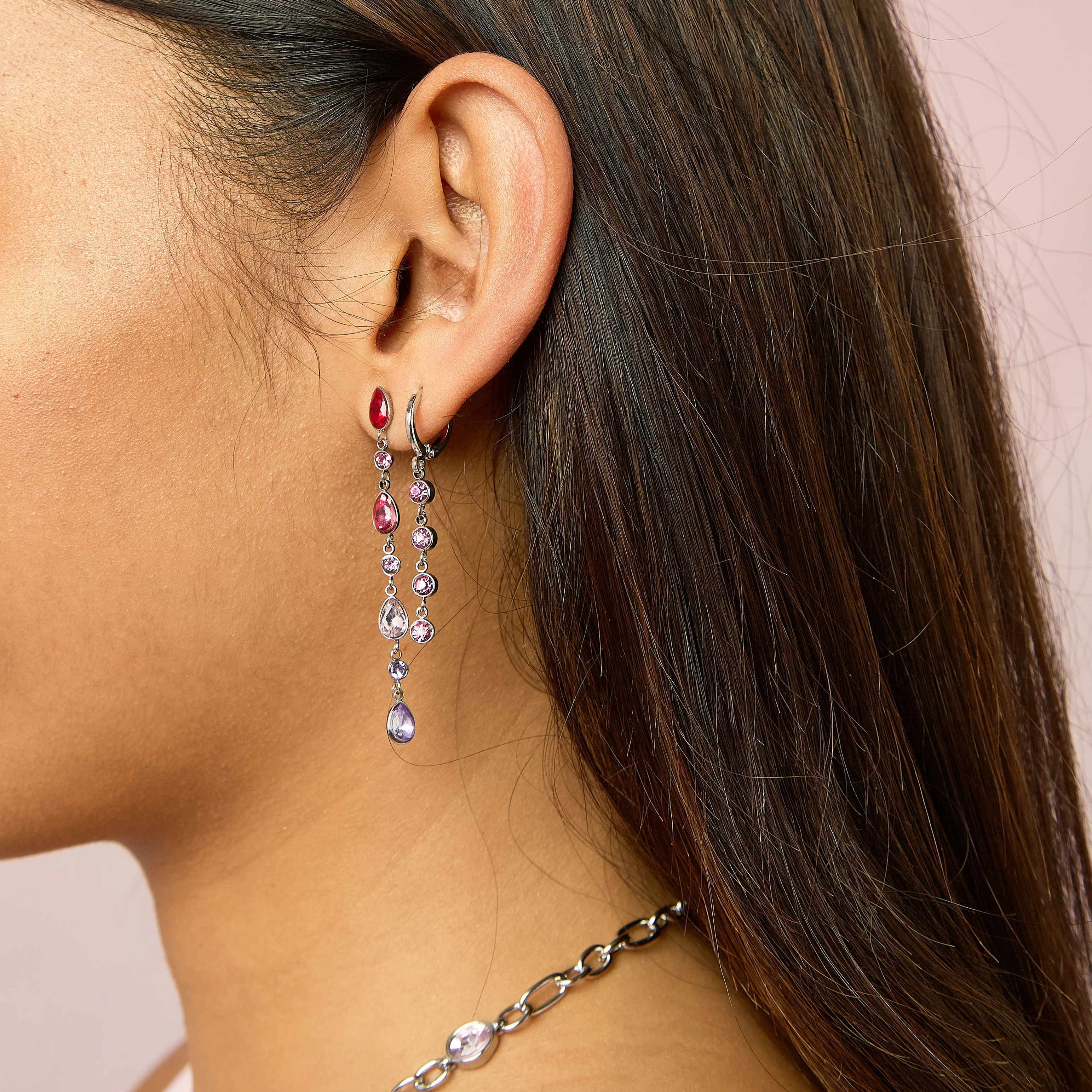 Ellica Silver Pink Droplet Huggie Earrings - Image 2