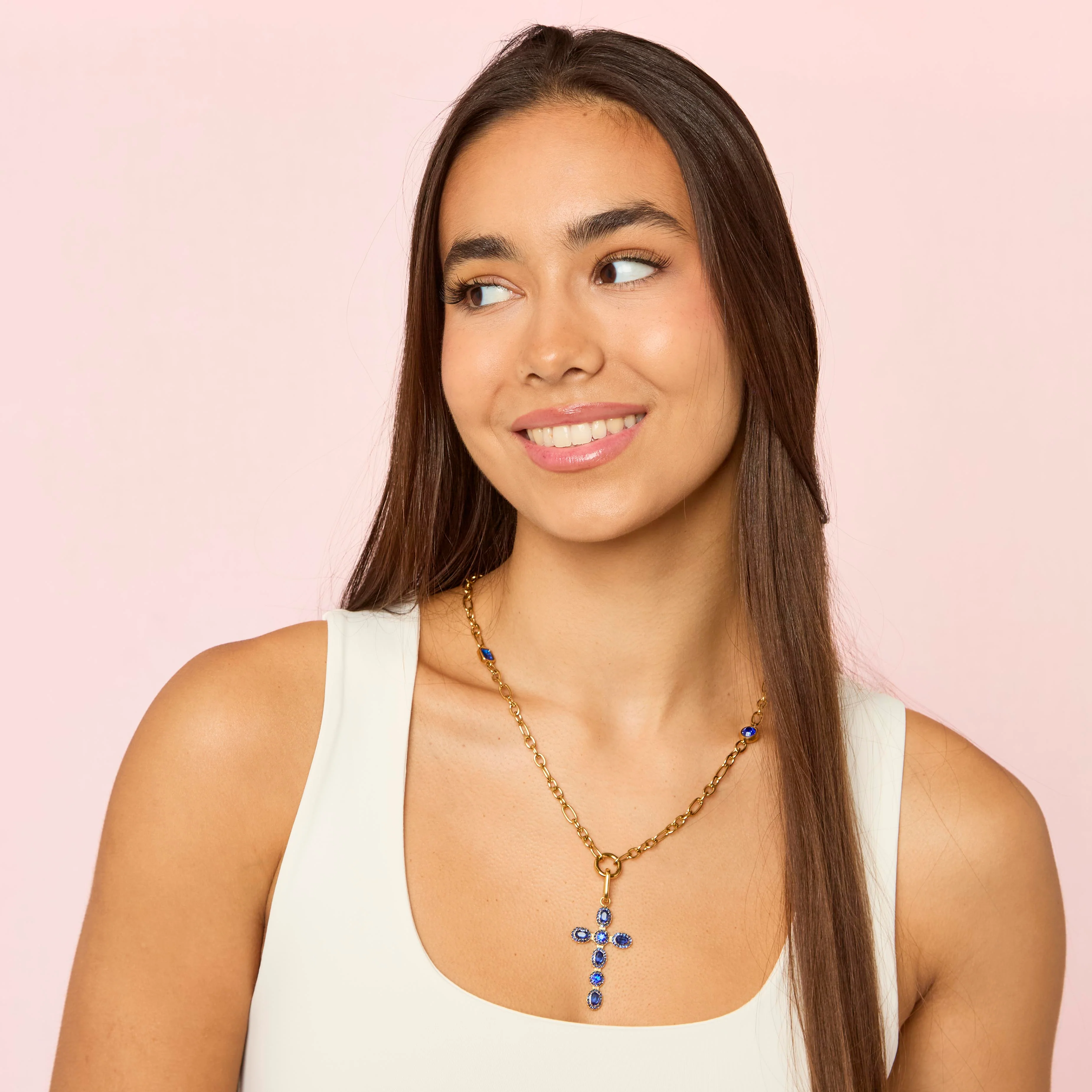 Ellie Gold Blue Chunky Charm Chain Necklace - Image 3