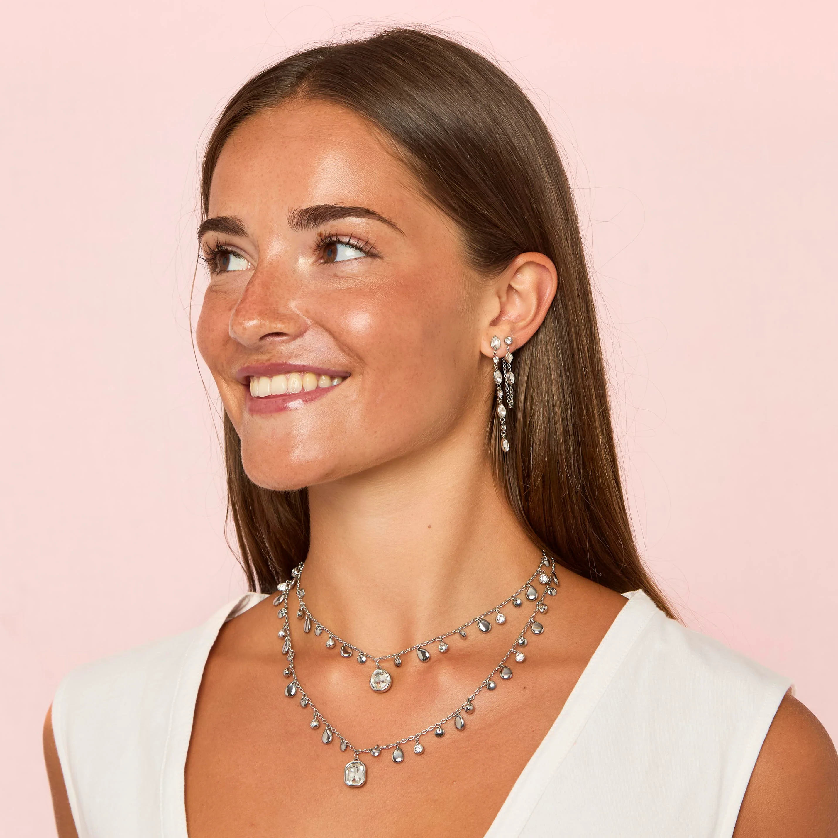 Emma Silver Crystal Droplet Chain Stud Earrings - Image 5