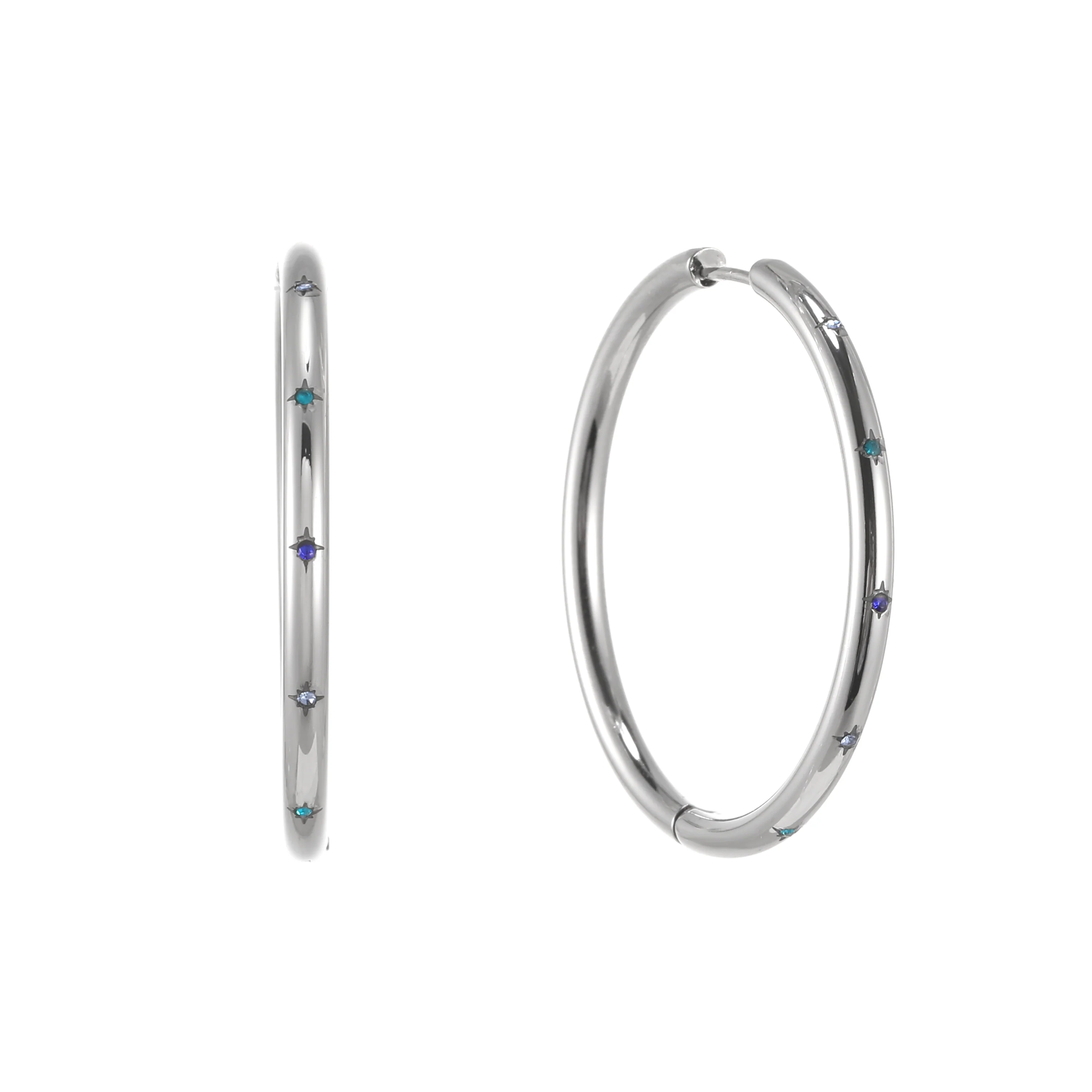 Hebe Silver Blue Thin Bigger Star Hoop
