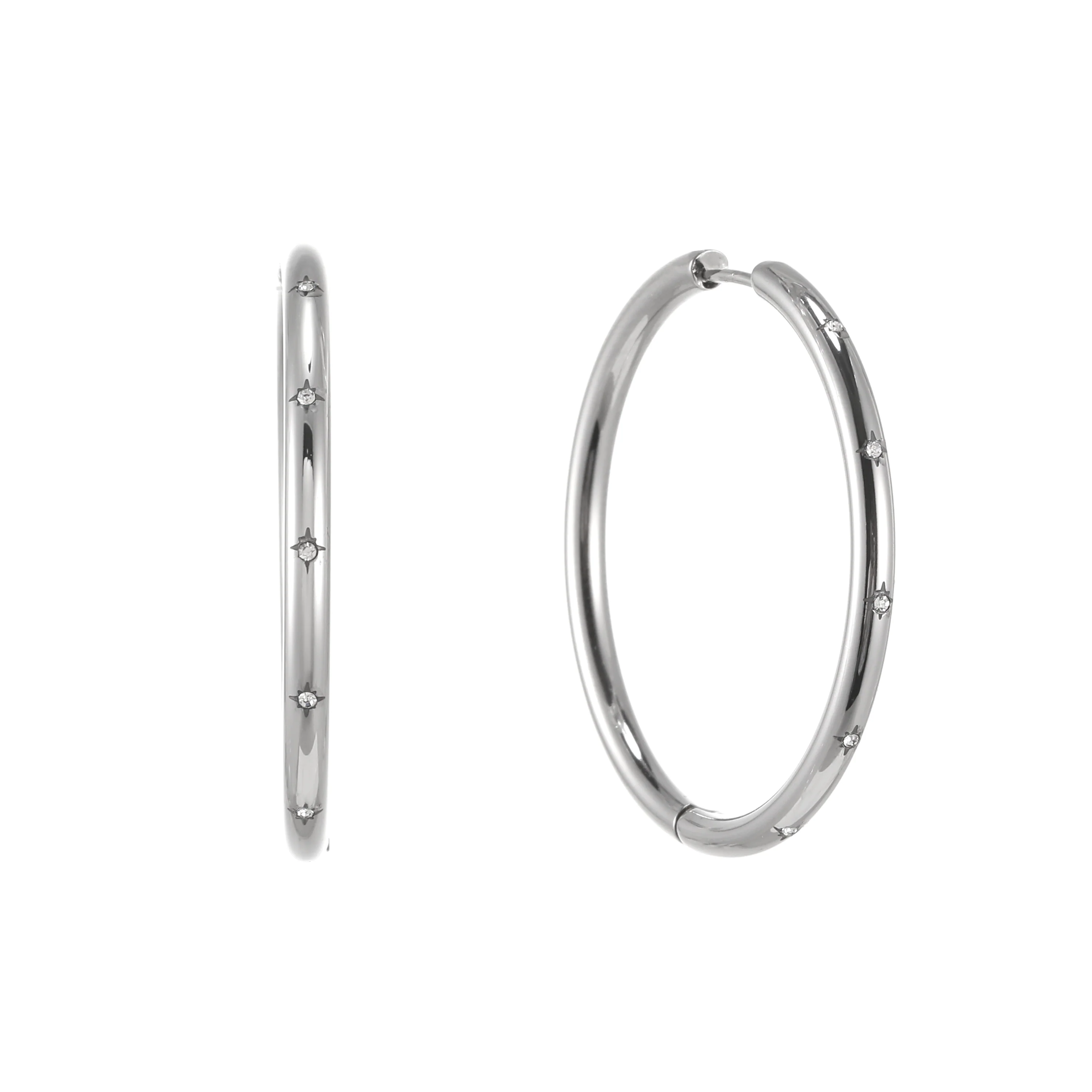 Hebe Silver Crystal Thin Bigger Star Hoop