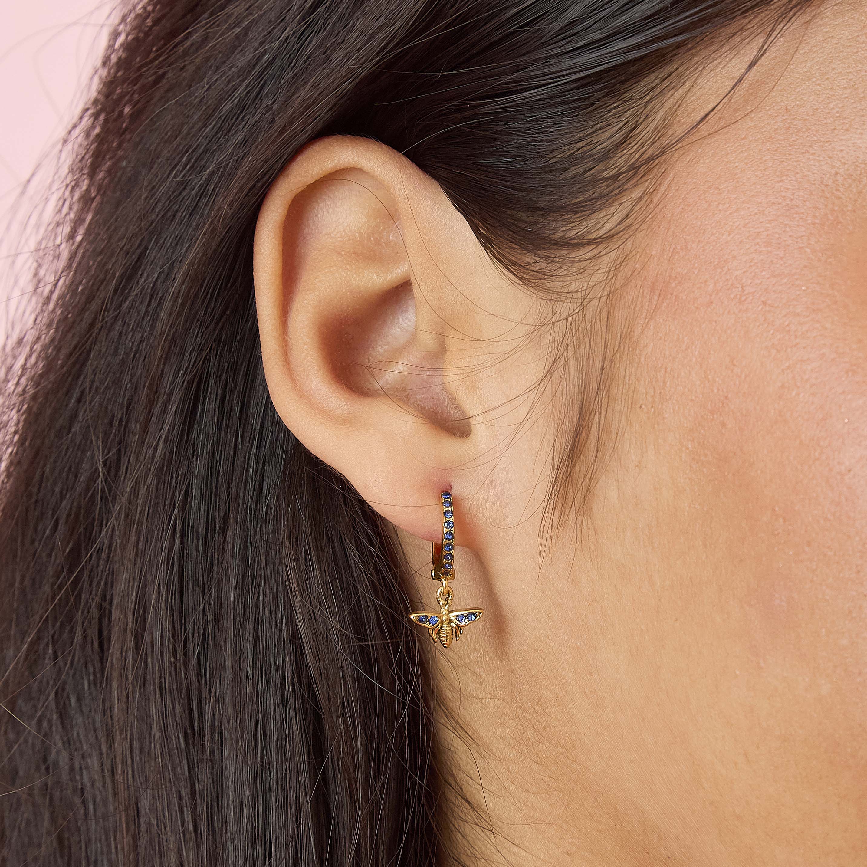 Ines Gold Blue Bee Huggie Earrings - Image 2