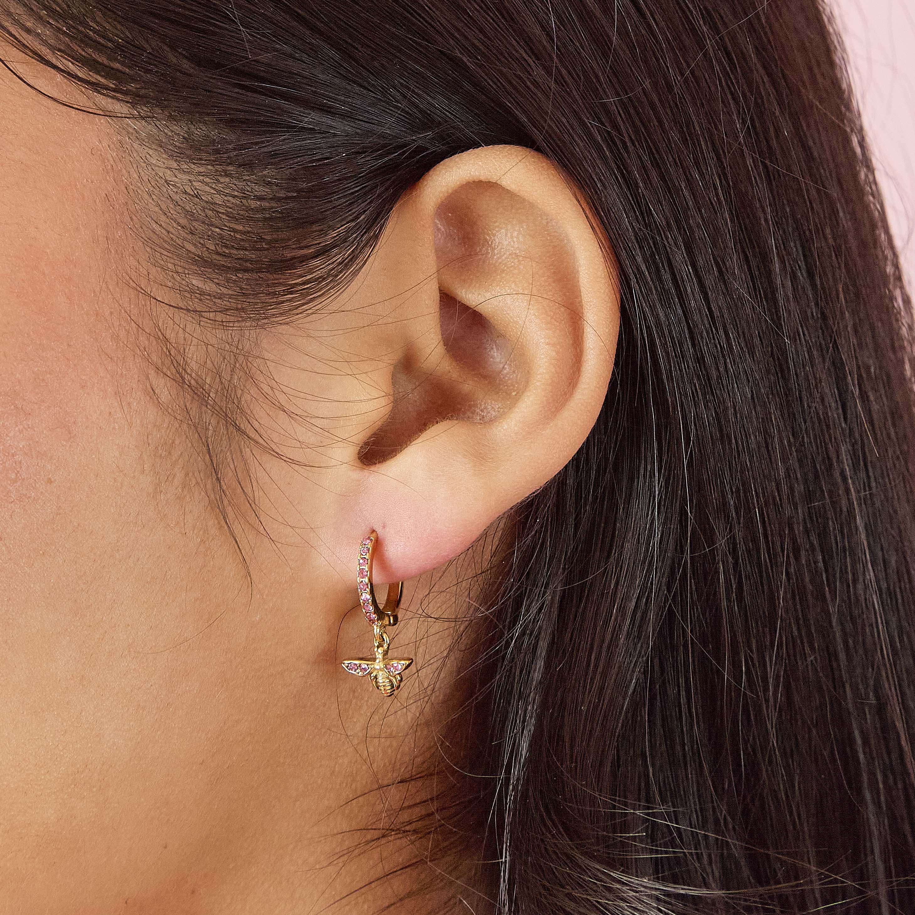Ines Gold Pink Bee Huggie Earrings - Image 2