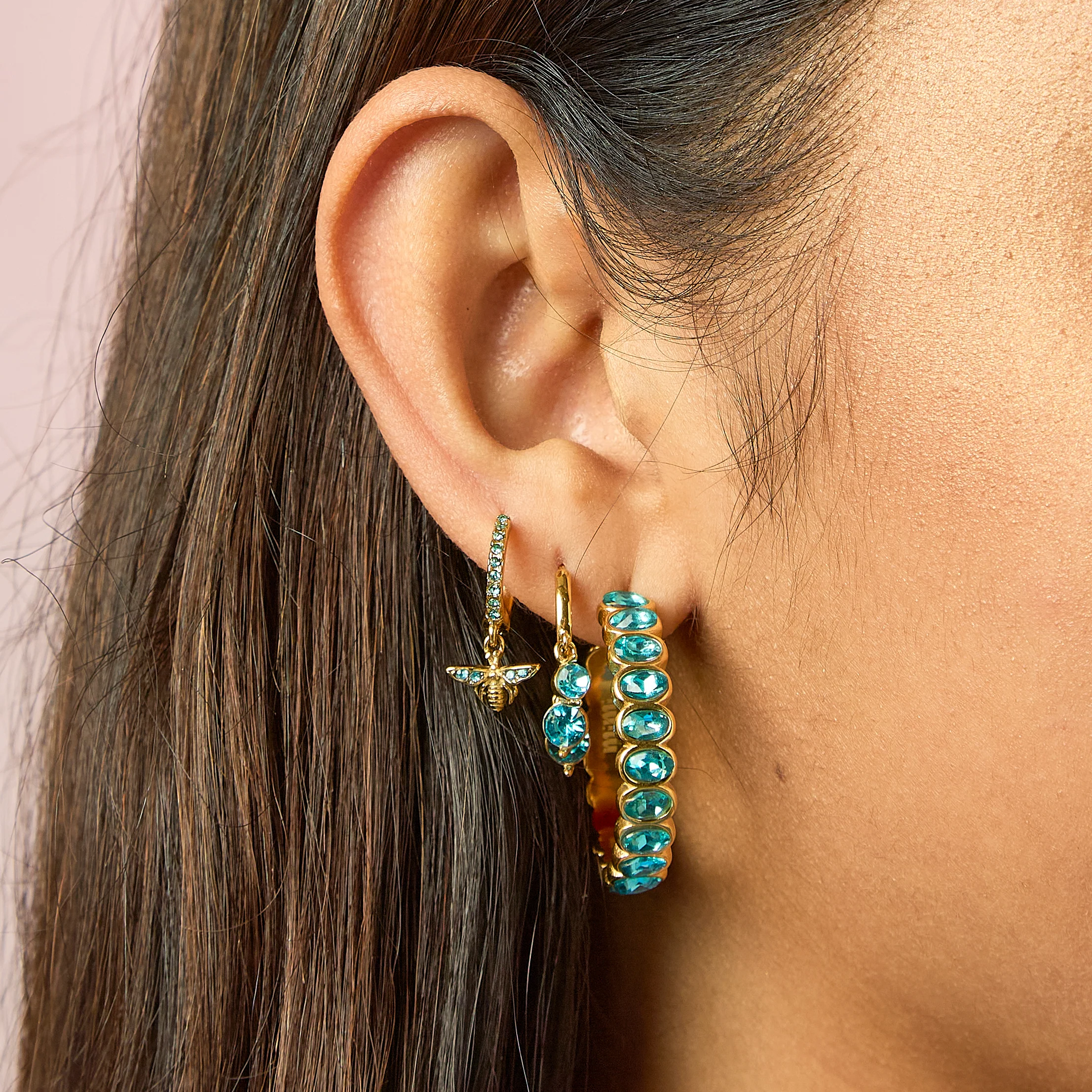 Iris Gold Turquoise Waterfall Huggie Earrings - Image 2