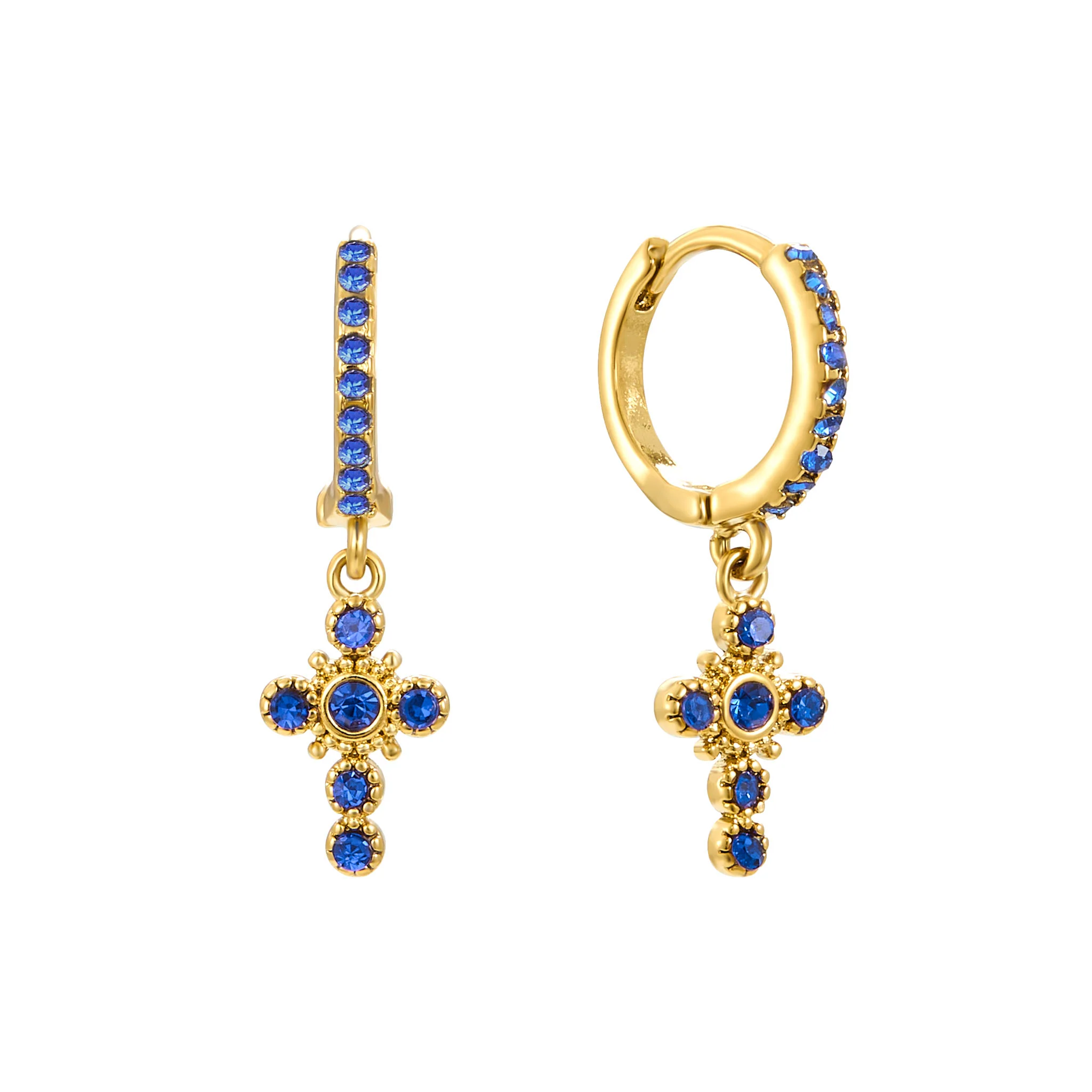Isabella Gold Blue Cross Huggie Earrings
