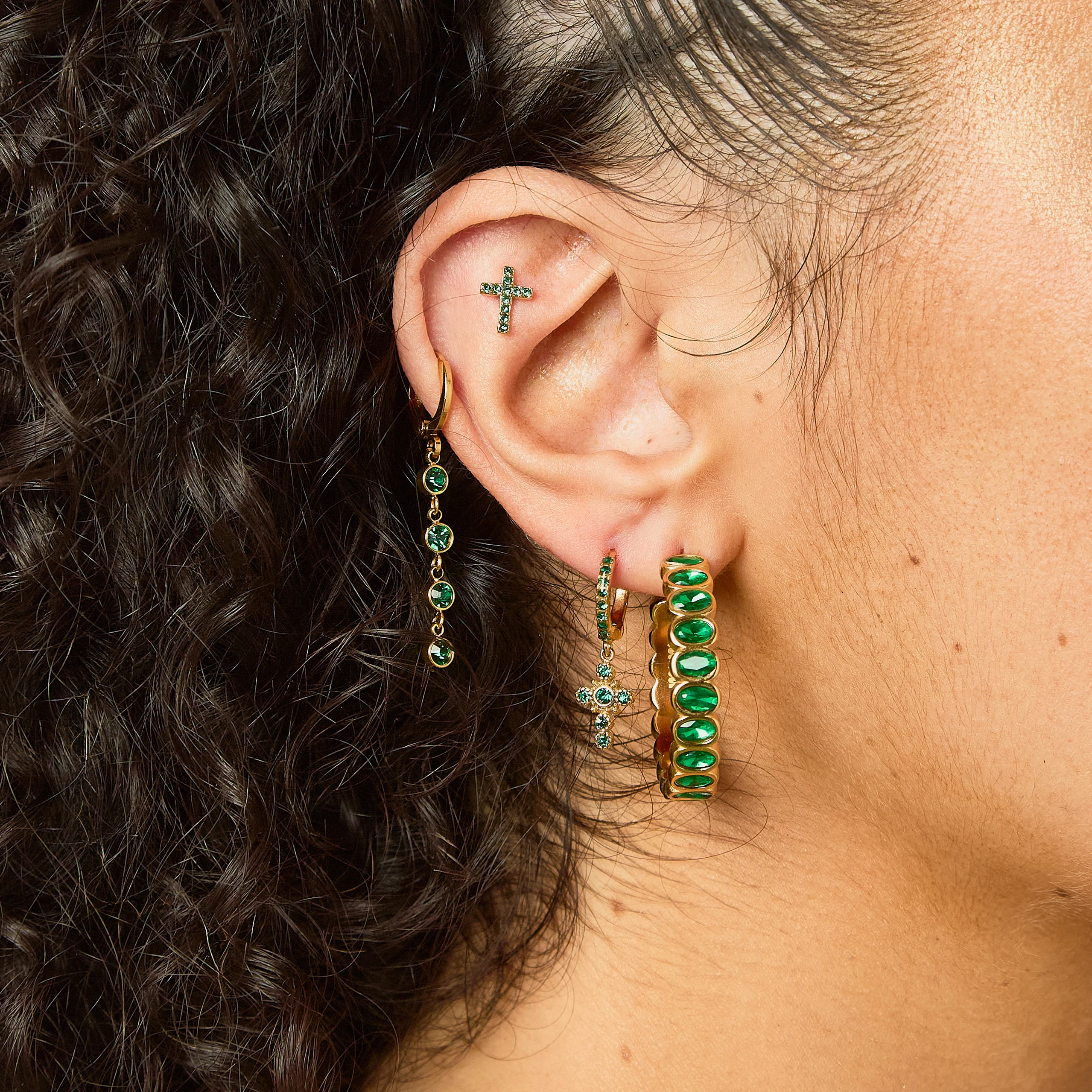 Isabella Gold Green Cross Huggie Earrings - Image 2