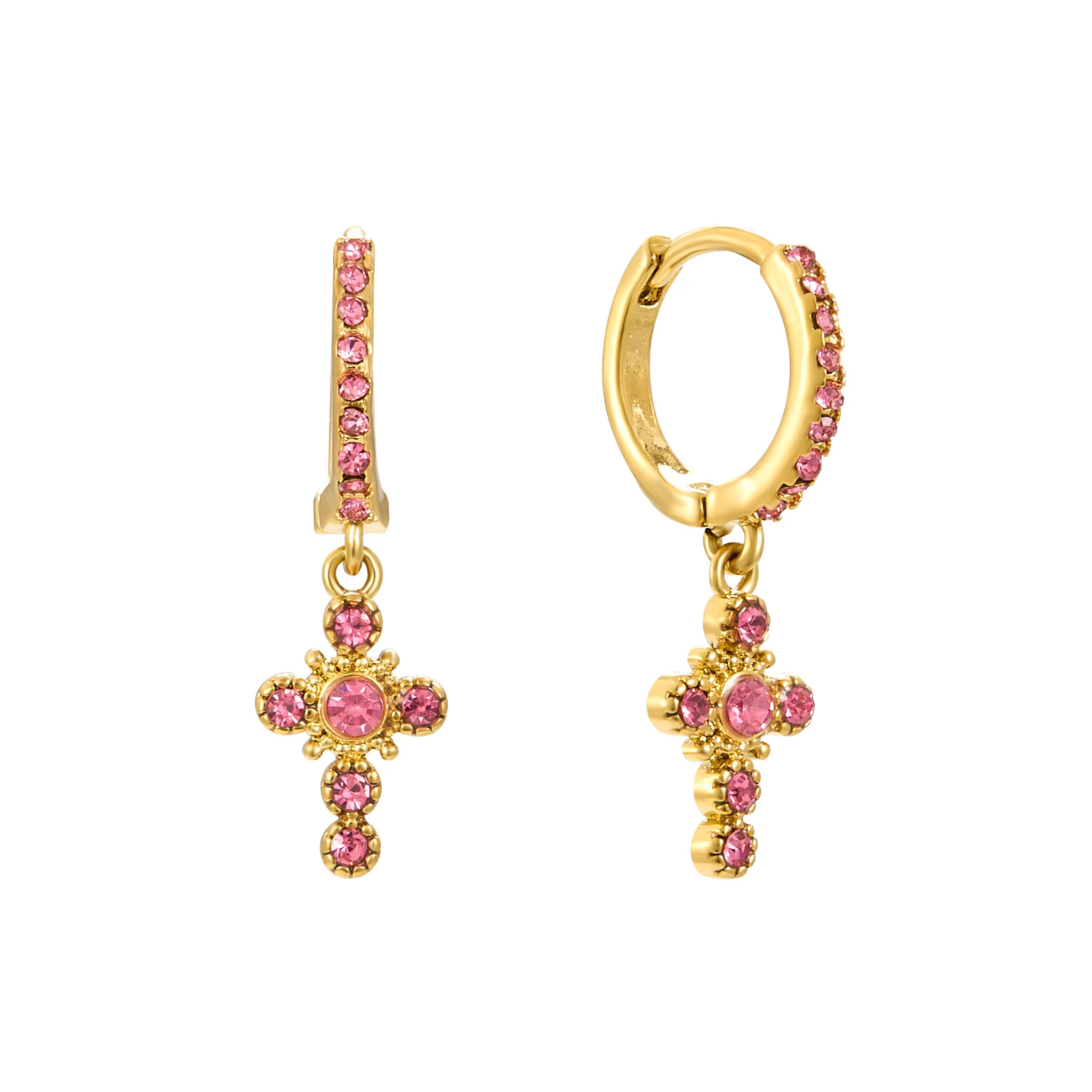 Isabella Gold Pink Cross Huggie Earrings