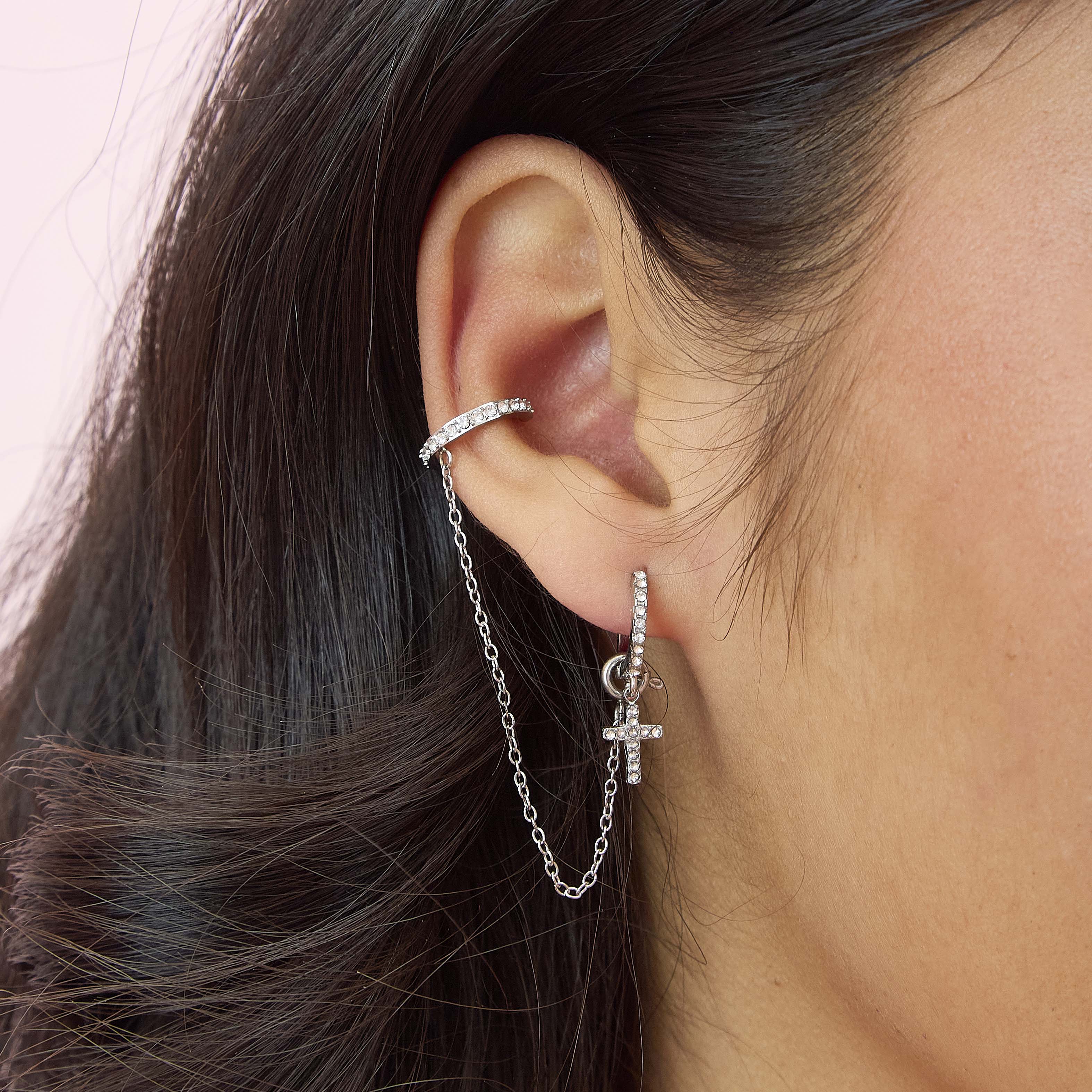 Kitty Silver Crystal Dainty Cuff & Ear Chain - Image 2