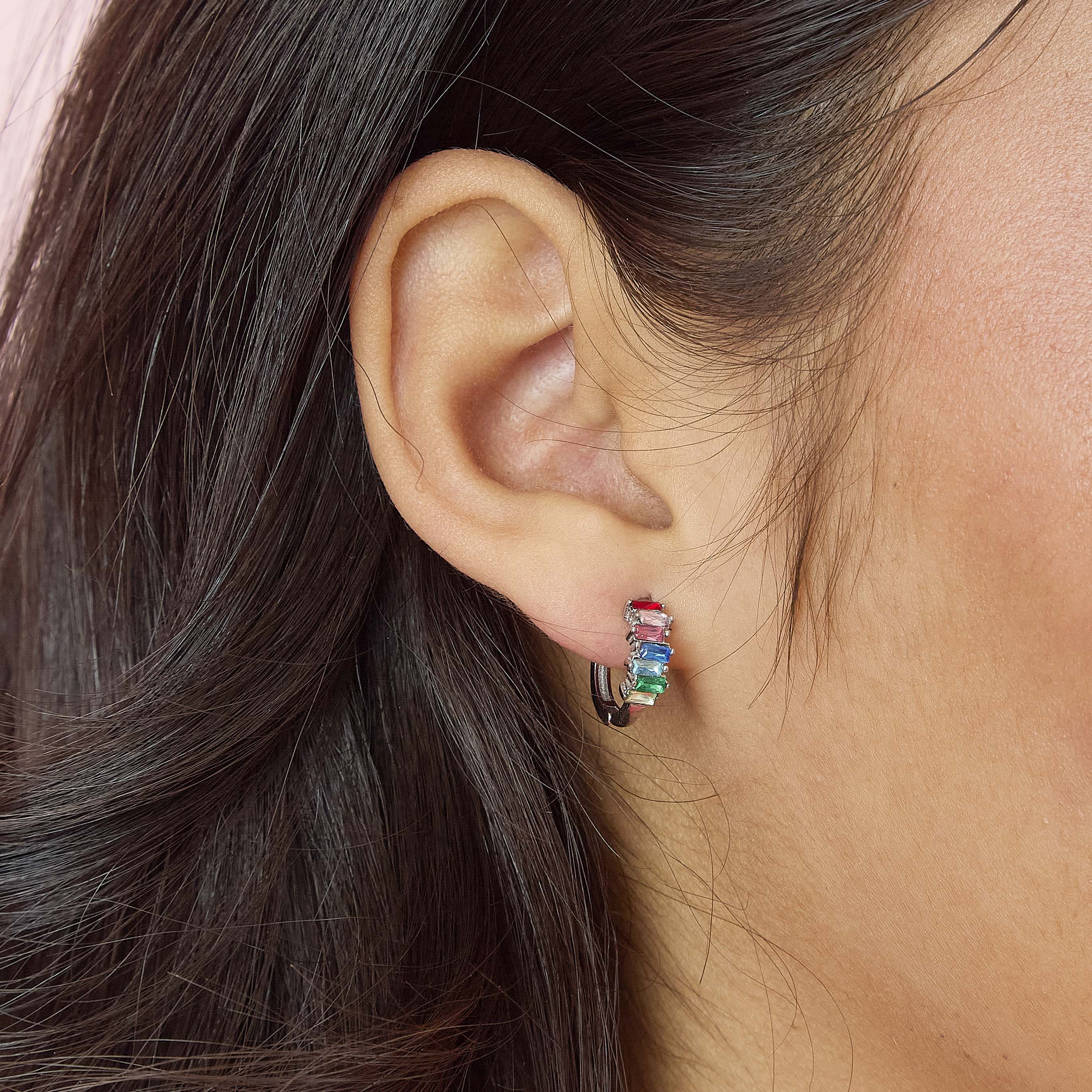Lola Silver Rainbow Huggie Earrings - Image 2