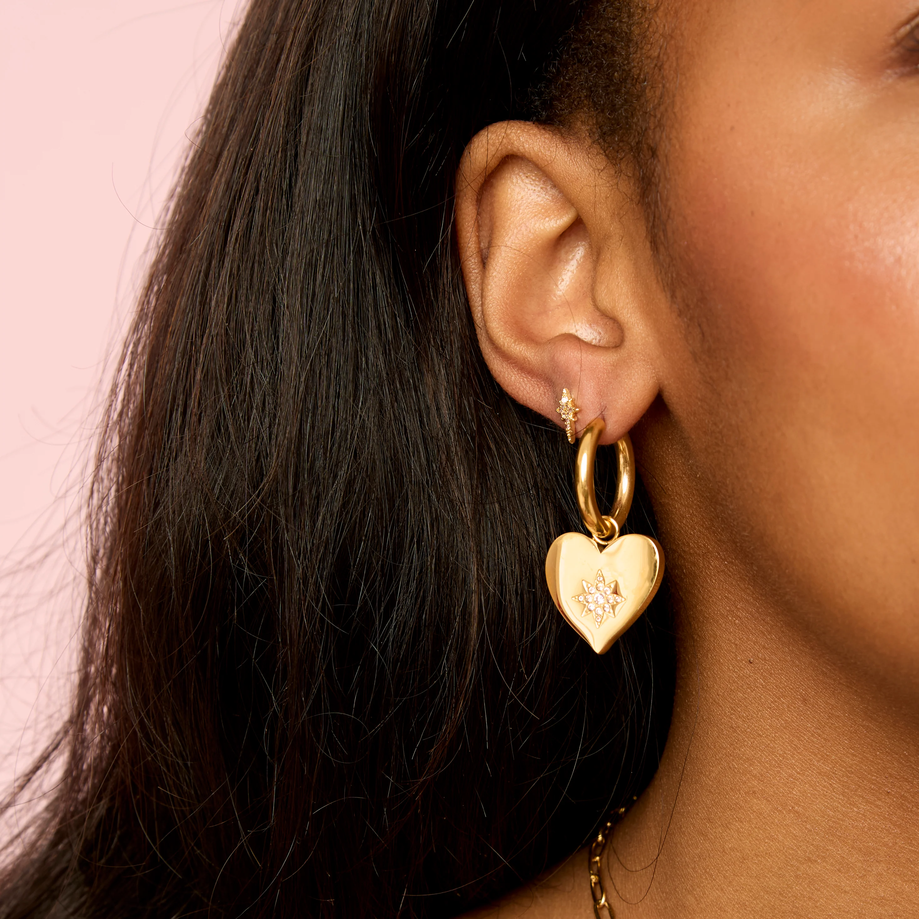 Lucinda Gold Pink Chunky Heart Hoop Earrings - Image 2