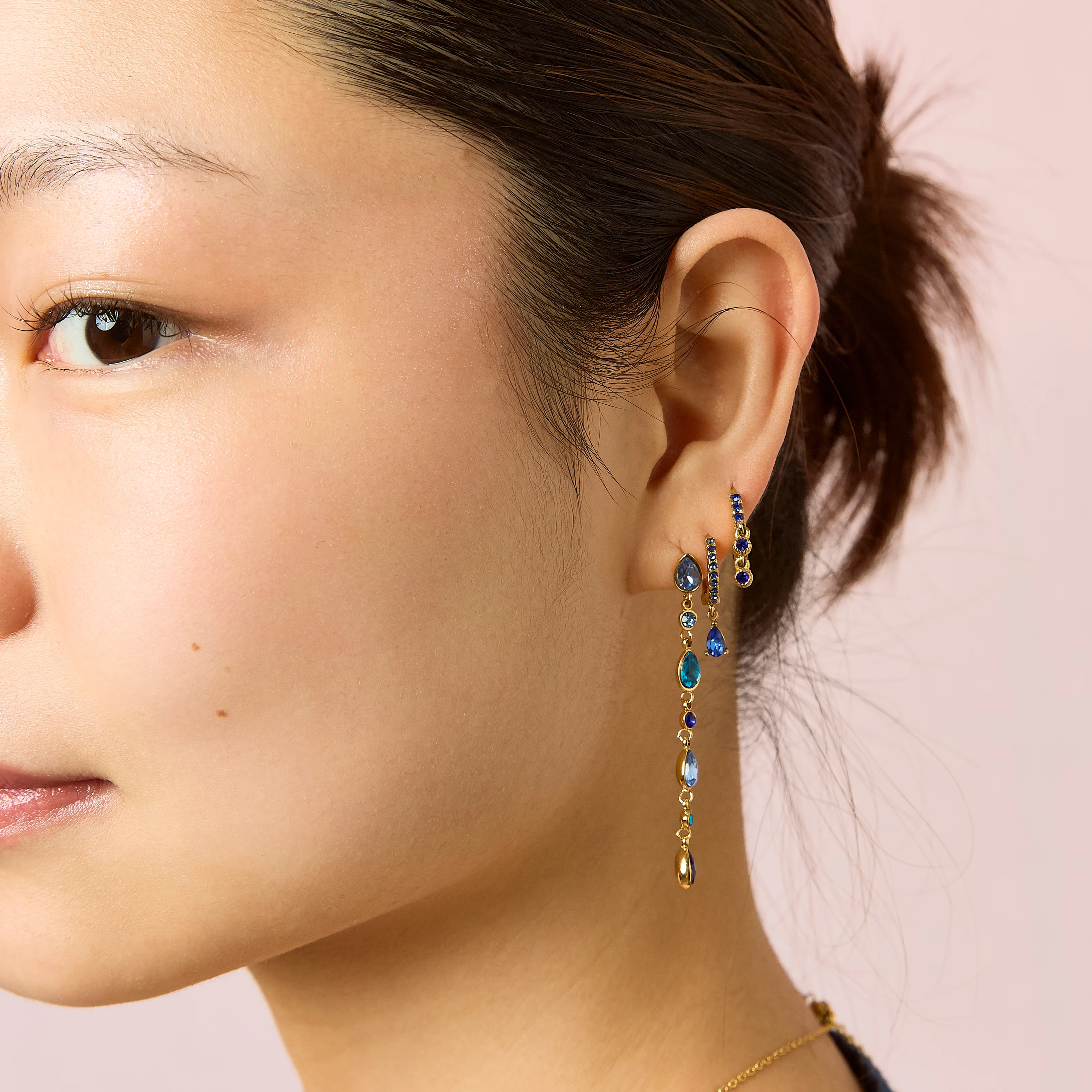Ottillie Gold Blue Raindrop Huggie Earrings - Image 2