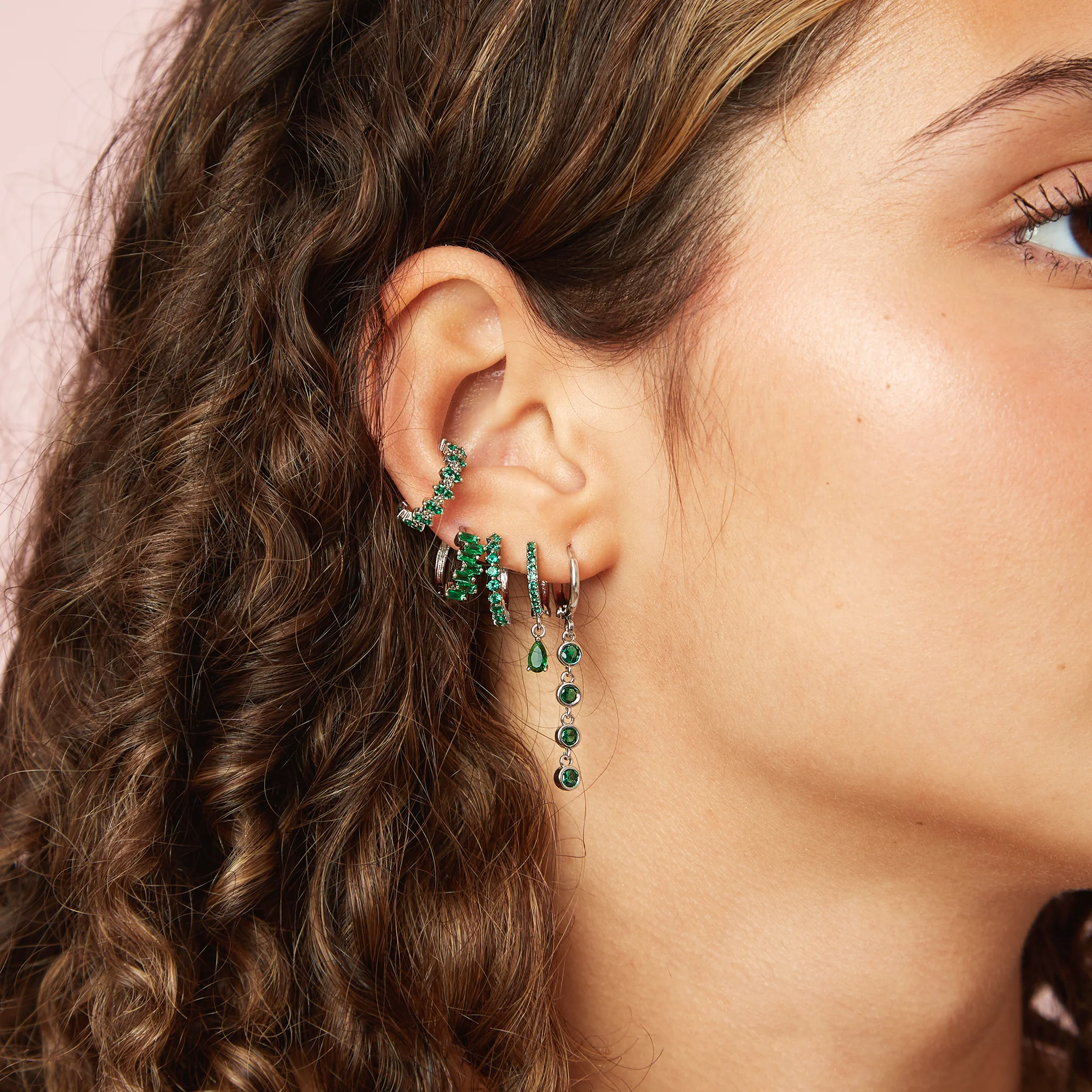 Ottillie Silver Green Raindrop Huggie Earrings - Image 2