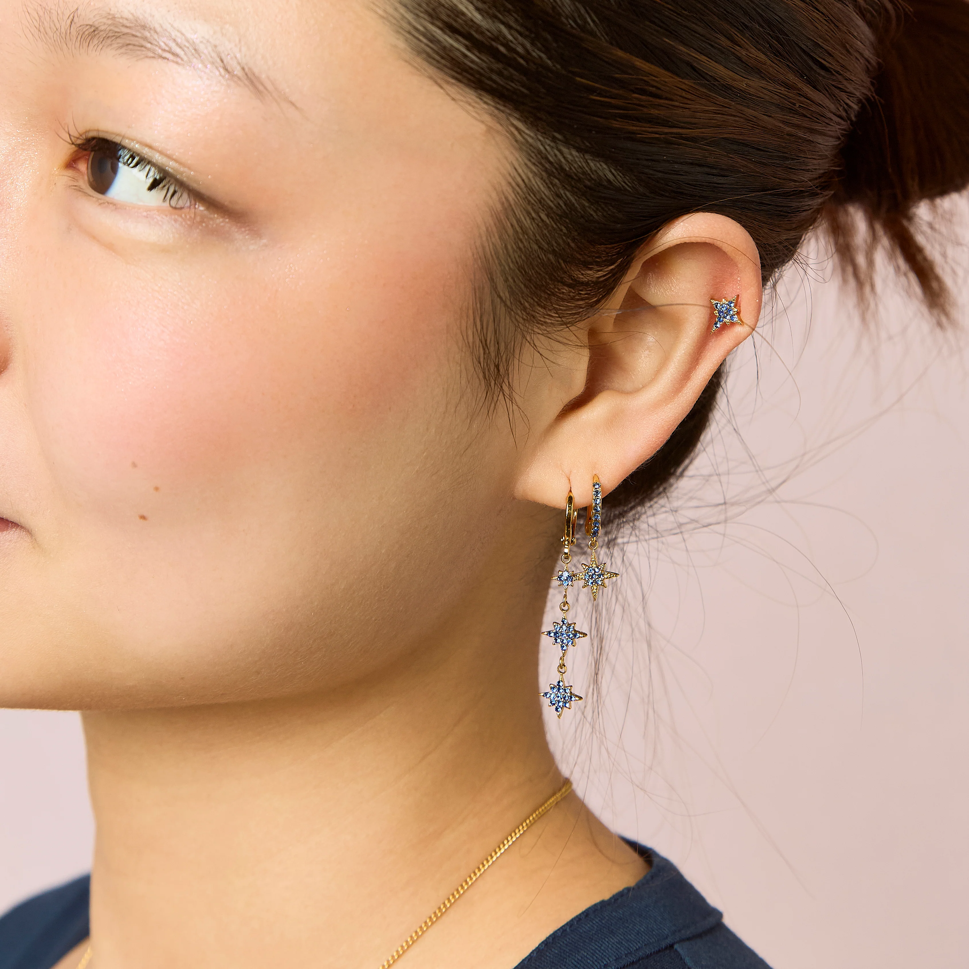 Romilly Gold Blue Droplet Star Huggie Earrings - Image 2