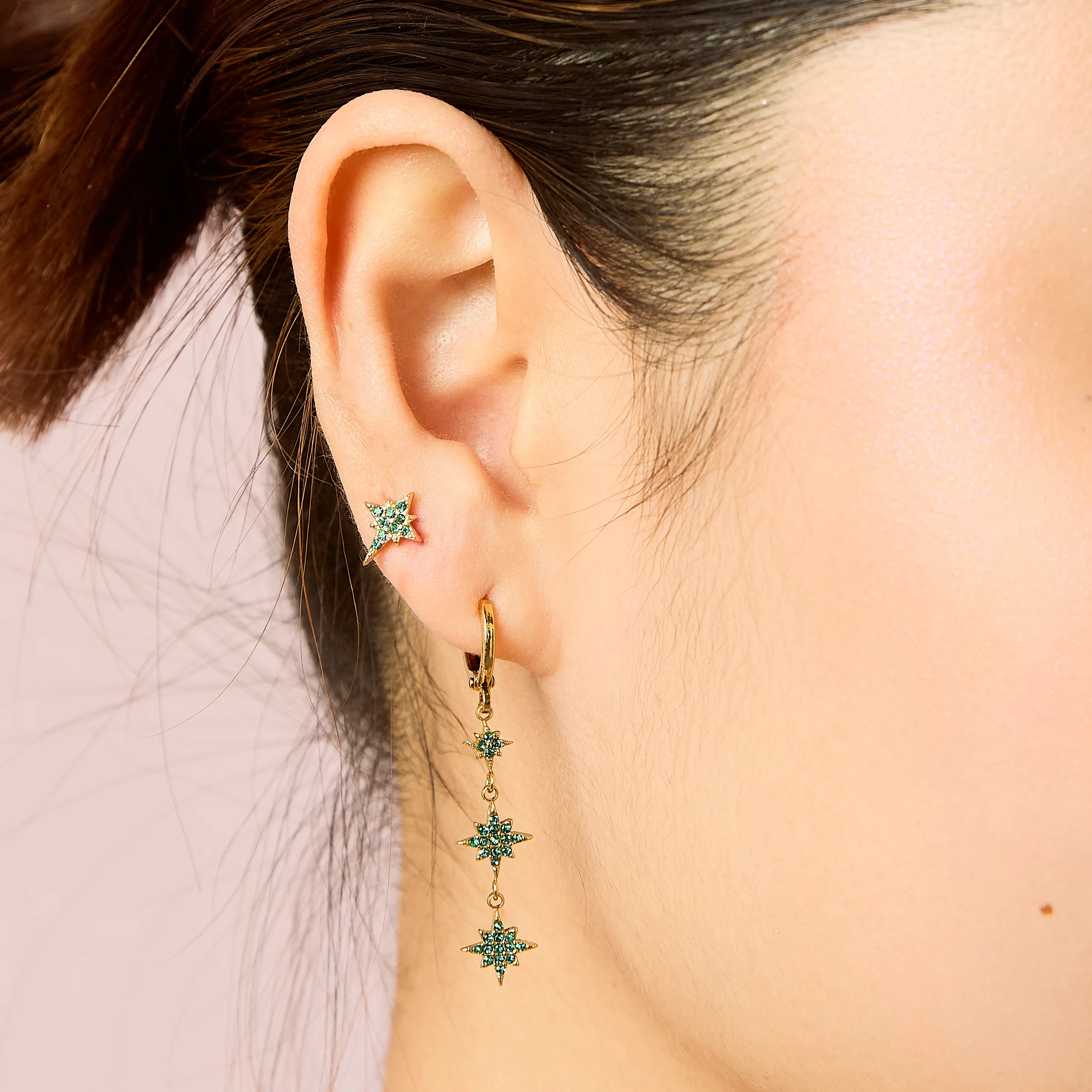 Romilly Gold Green Droplet Star Huggie Earrings - Image 2
