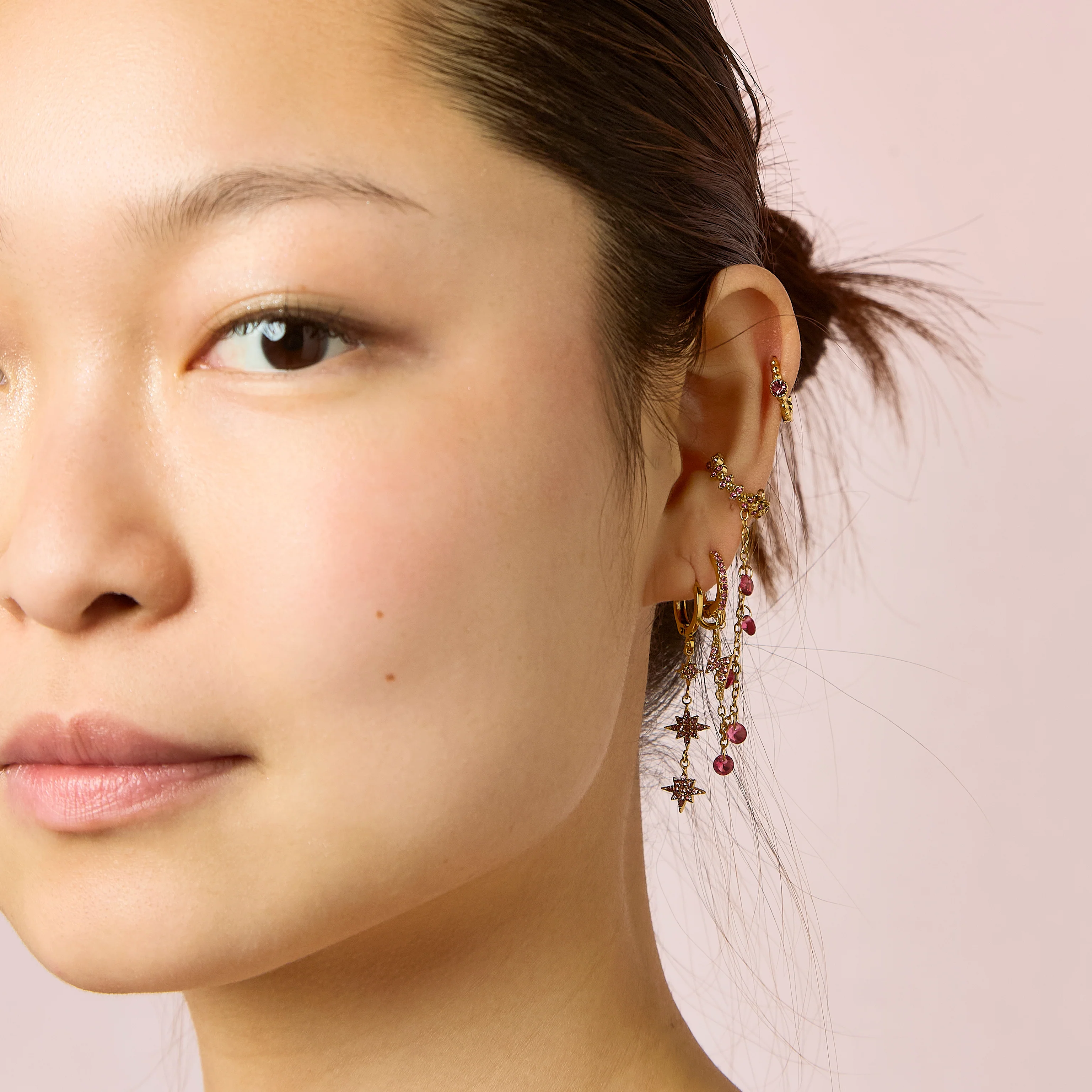 Romilly Gold Pink Droplet Star Huggie Earrings - Image 2