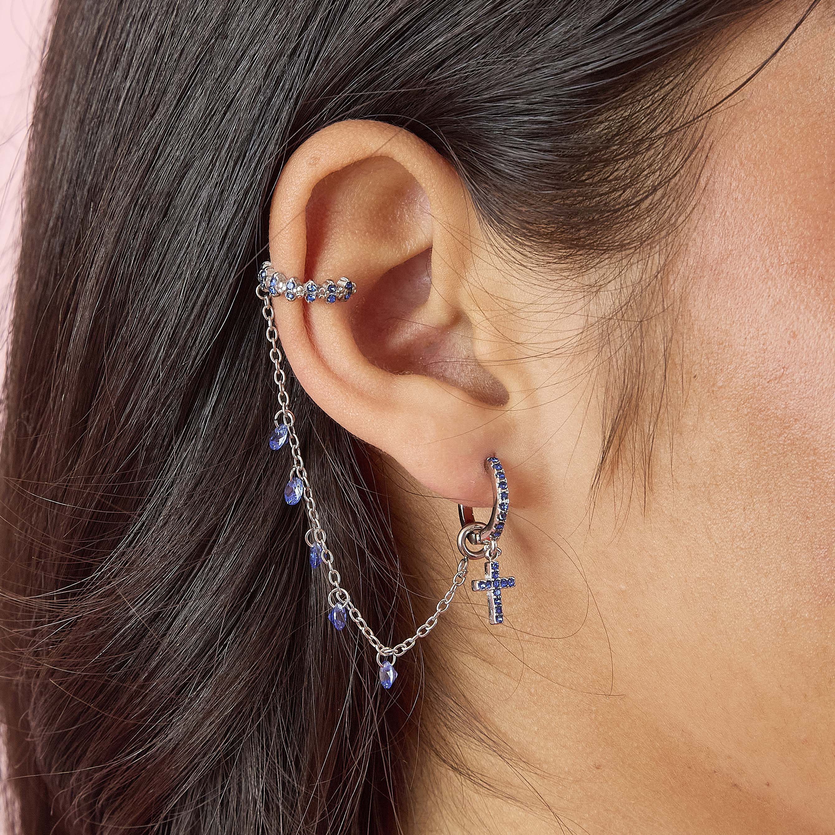 Millie Silver Blue Chunky Ear Cuff & Droplet Chain - Image 2