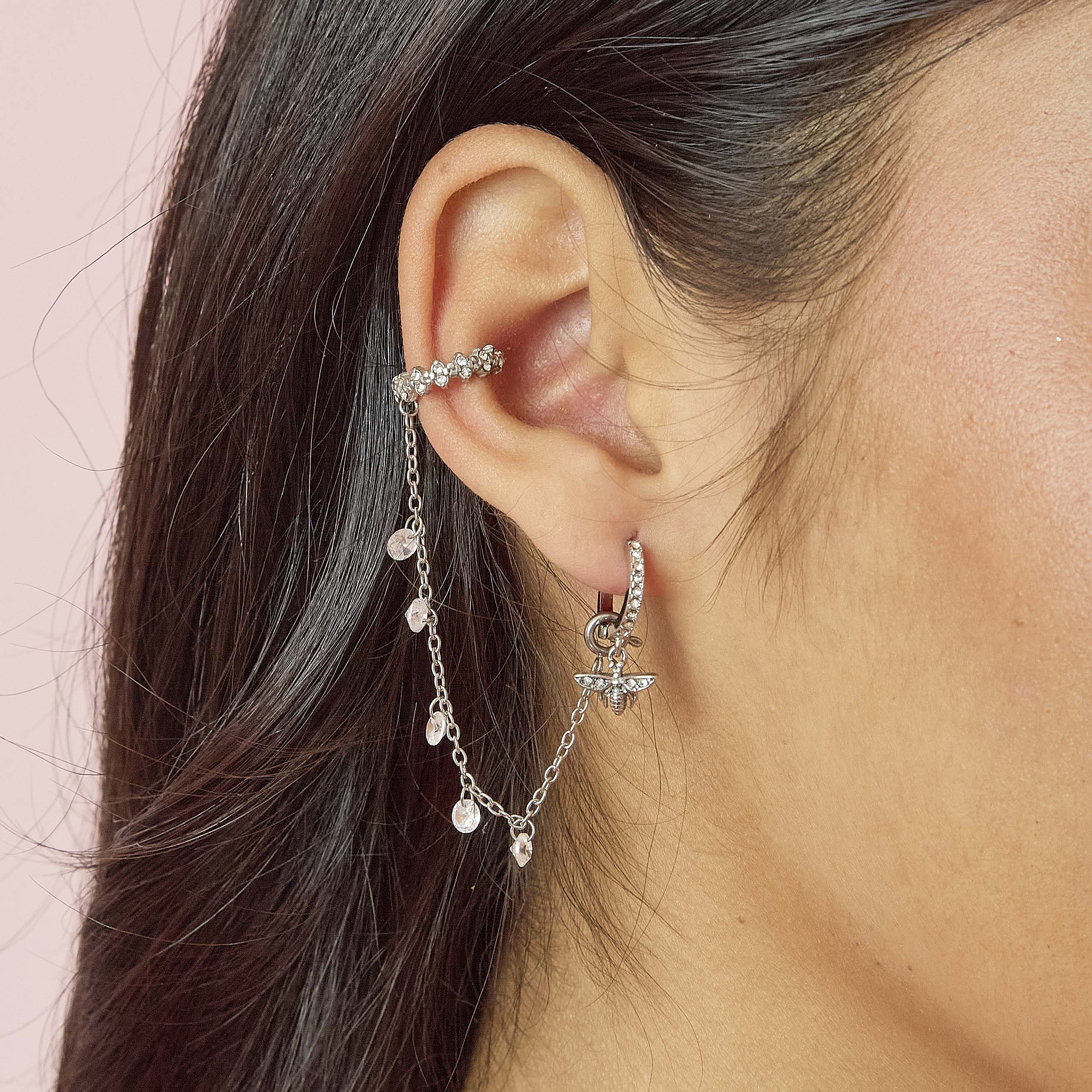 Millie Silver Crystal Chunky Ear Cuff & Droplet Chain - Image 2