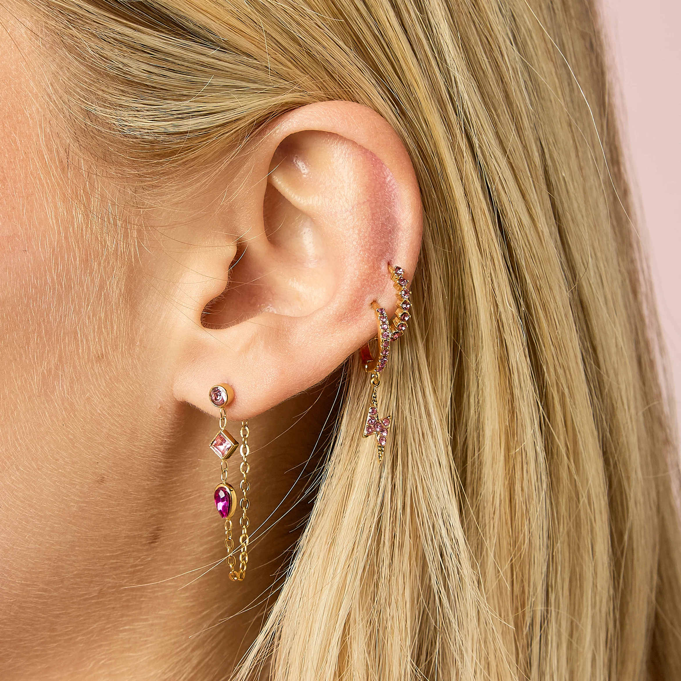 Talitha Gold Pink Lightning Bolt Huggie Earrings - Image 2