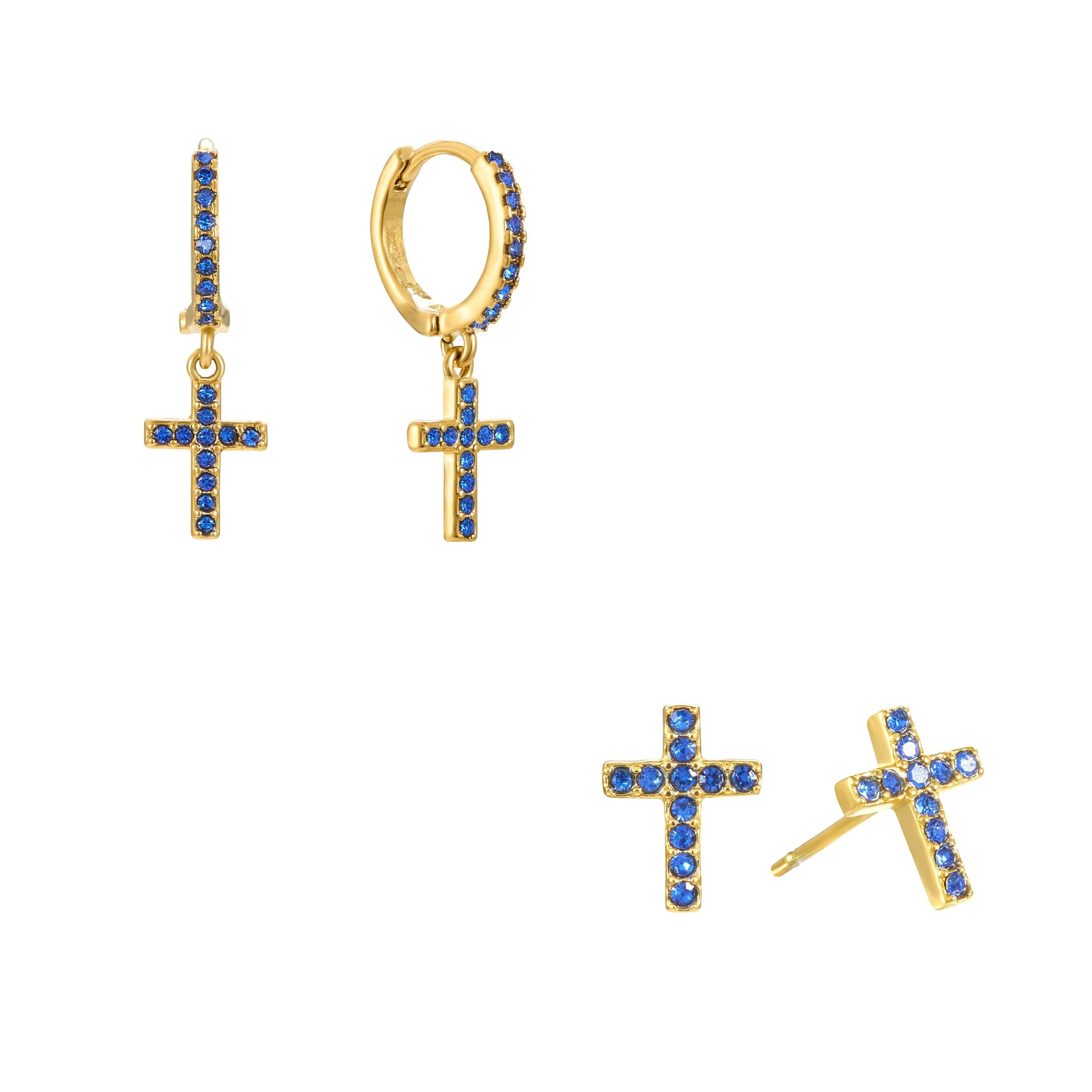 The Camilla Cross Huggie & Camilla Cross Stud Gold Blue Stacking Set