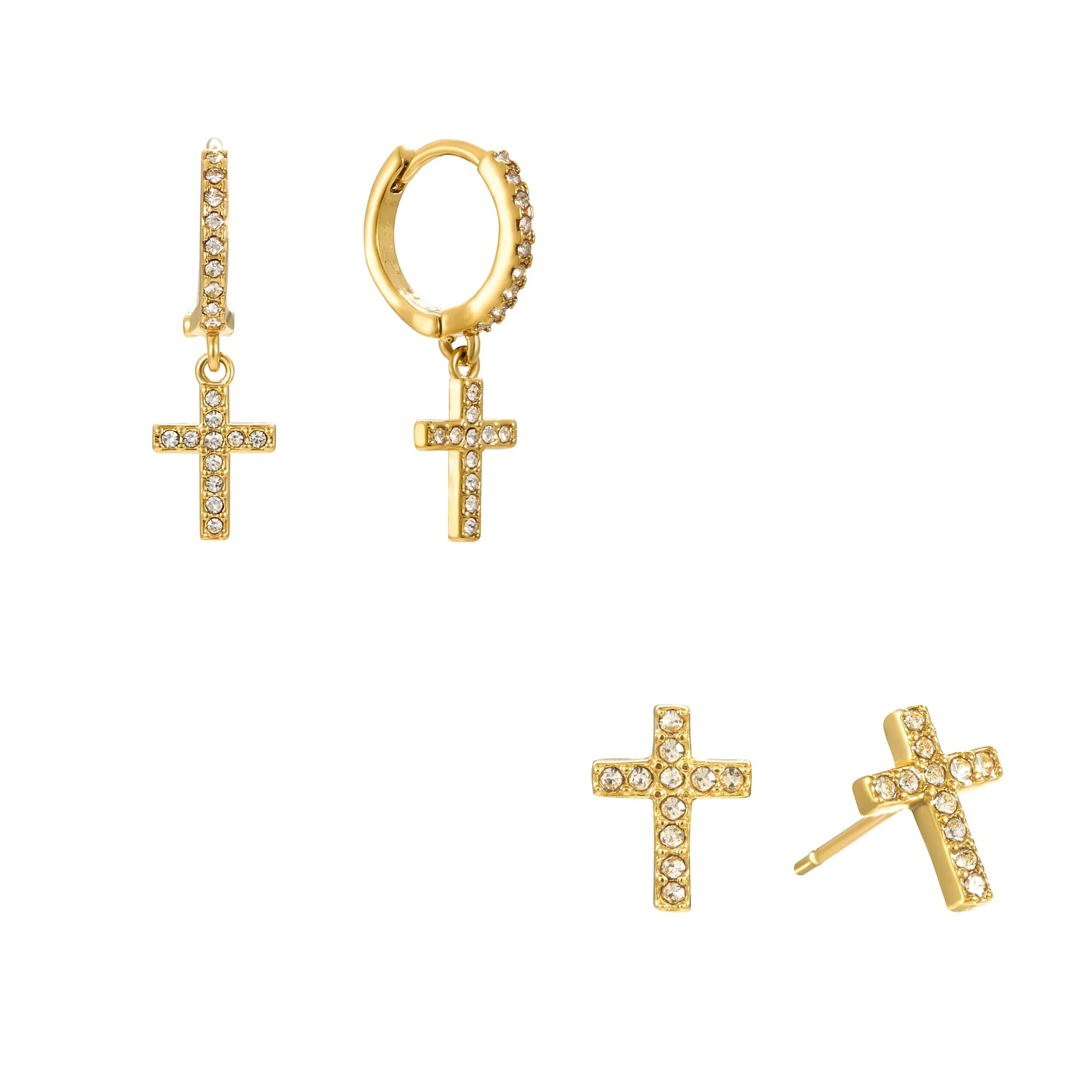 The Camilla Cross Huggie & Camilla Cross Stud Gold Crystal Stacking Set