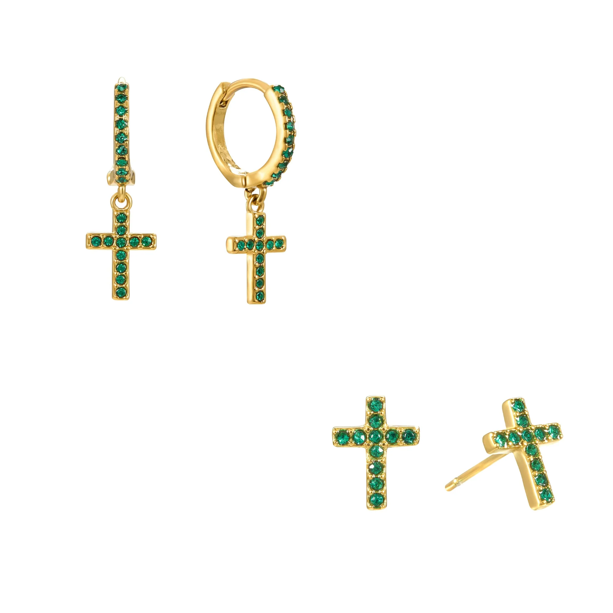 The Camilla Cross Huggie & Camilla Cross Stud Gold Green Stacking Set