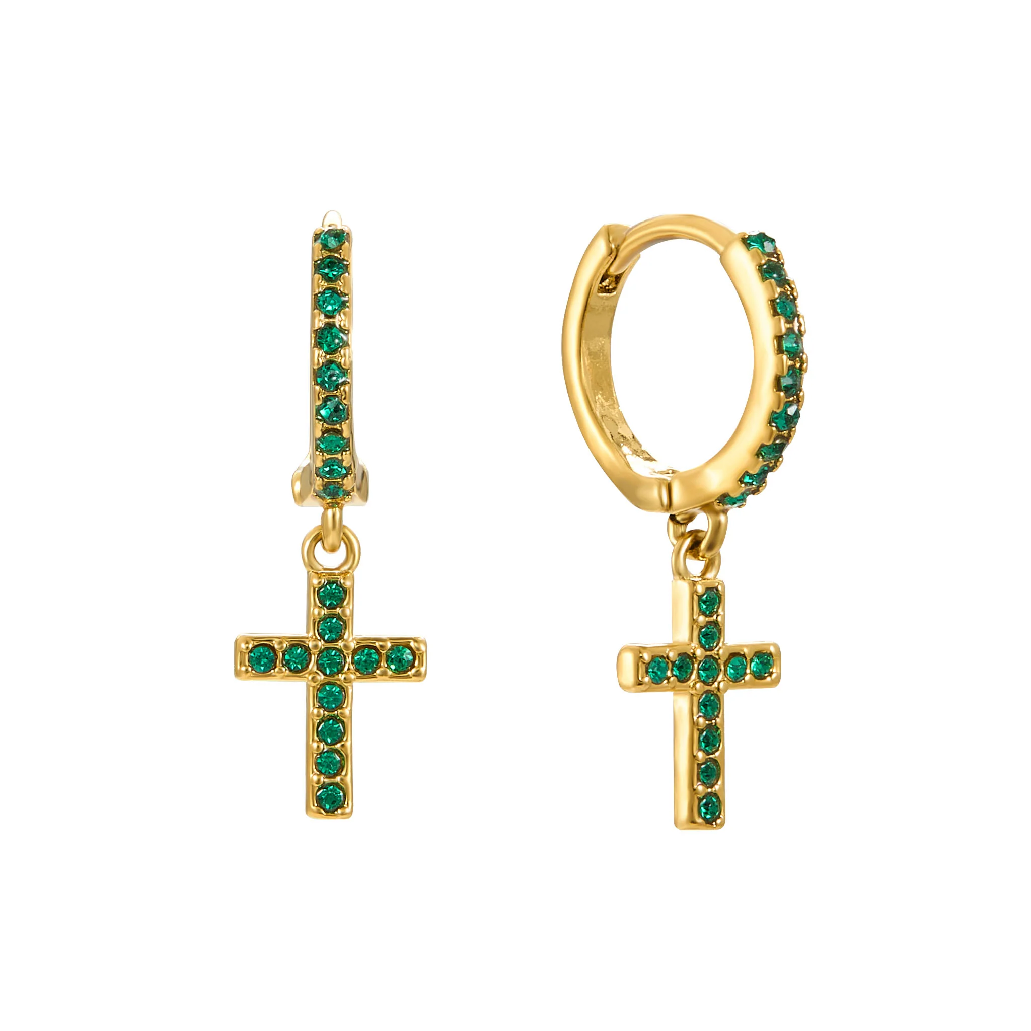 Camilla Gold Green Cross Huggie Earrings