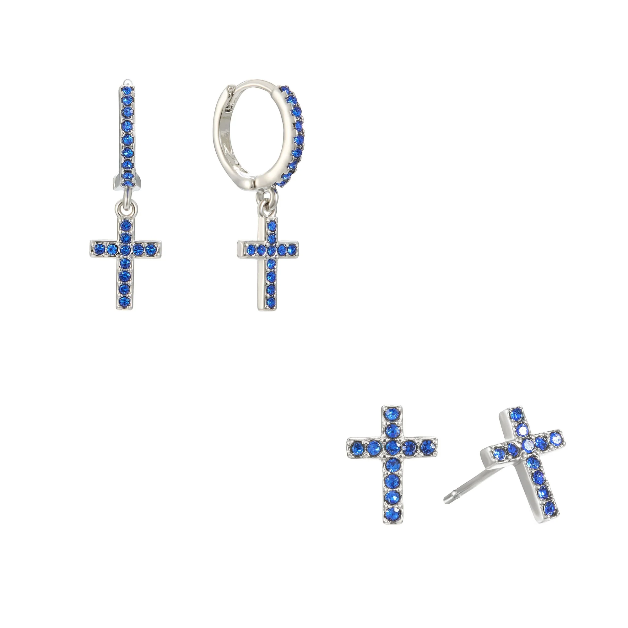 The Camilla Cross Huggie & Camilla Cross Stud Silver Blue Stacking Set
