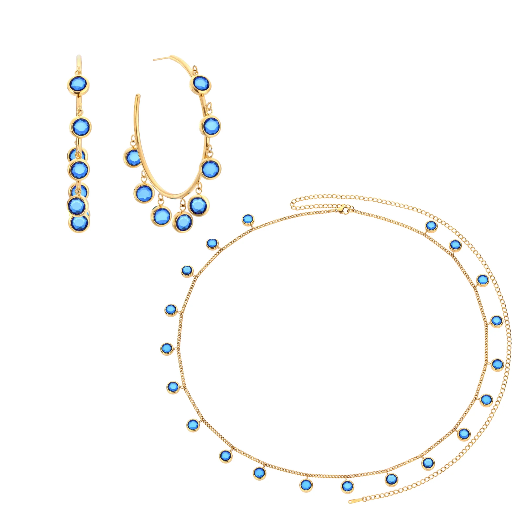 The Faiza Hoops & Ivy Belly Chain Gold Blue Stacking Set