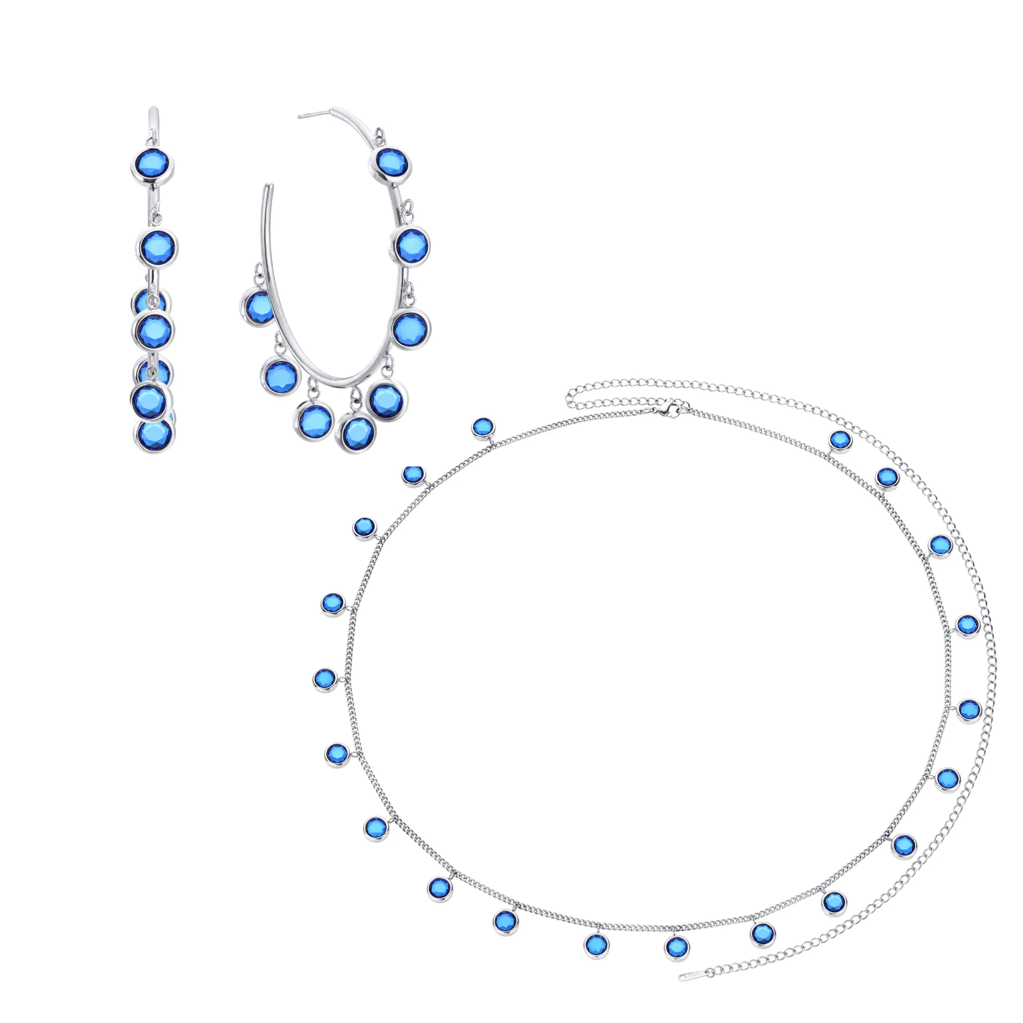 The Faiza Hoops & Ivy Belly Chain Silver Blue Stacking Set