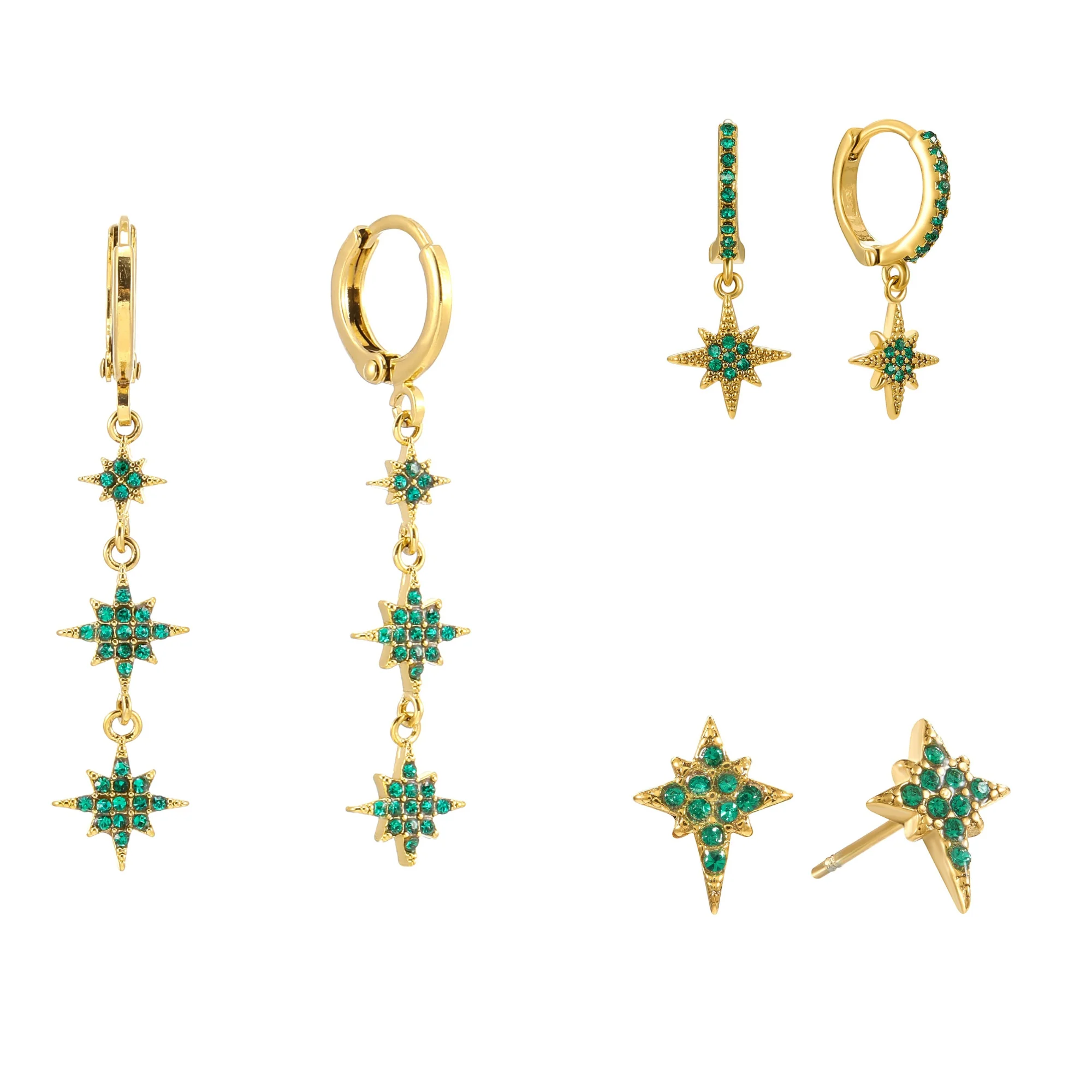 The Romilly, Cosima Huggie & Cosima Stud Gold Green Stacking Set
