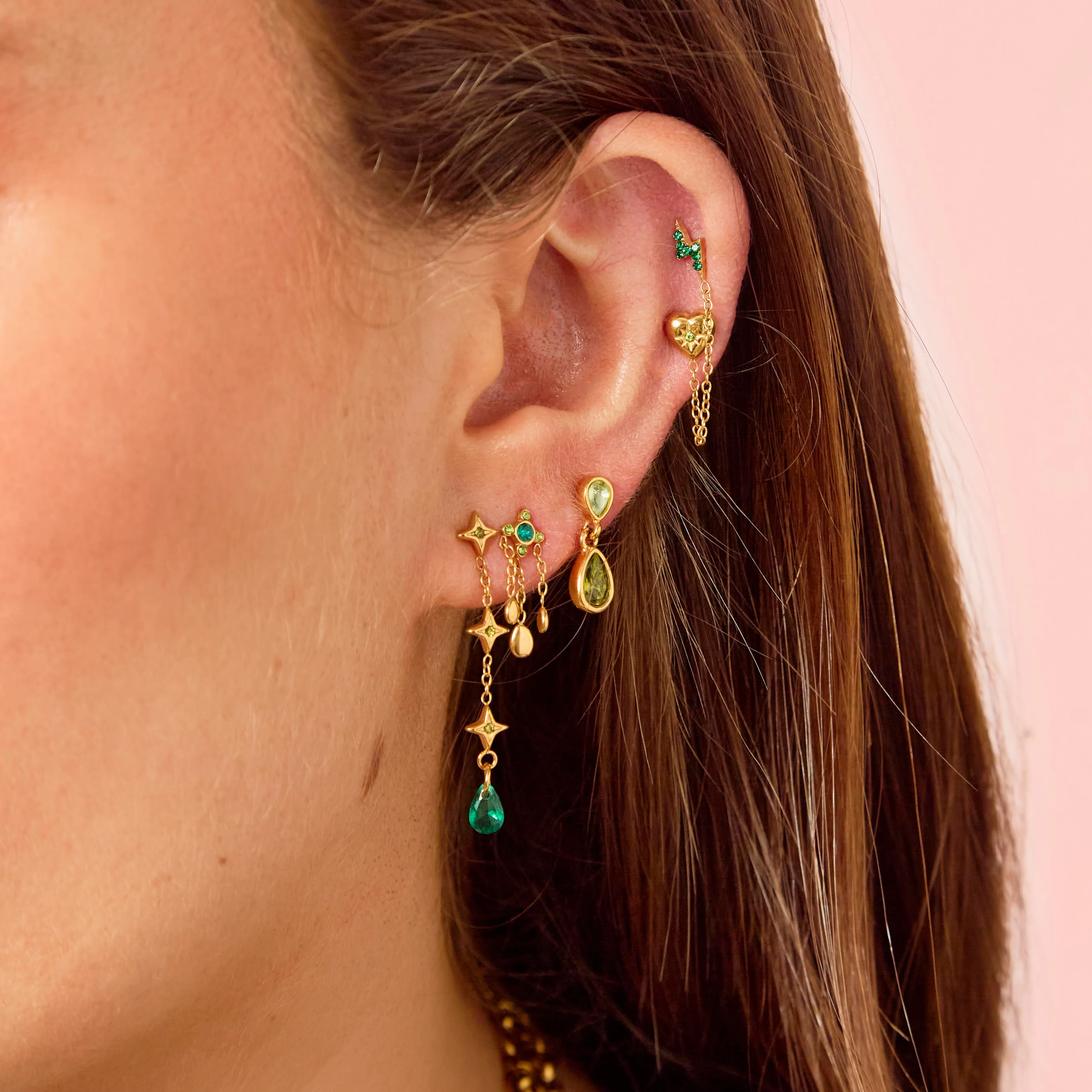 Yasmine Gold Green Droplet Earring Stacker Set - Image 2