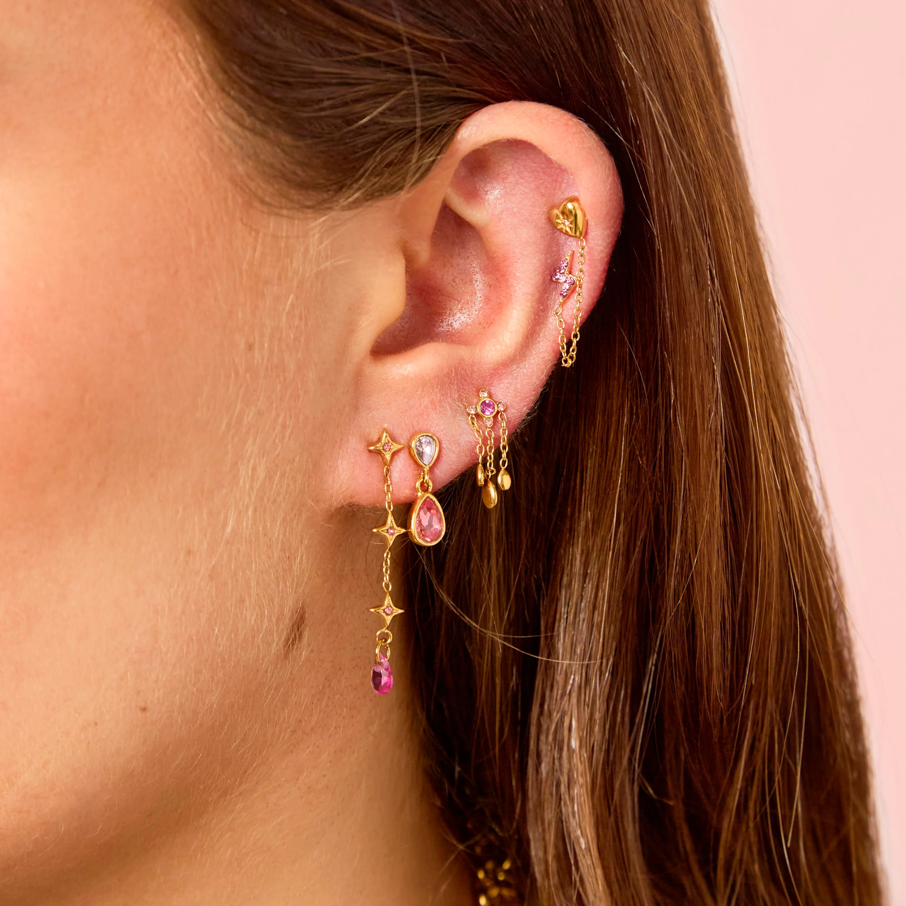 Yasmine Gold Pink Droplet Earring Stacker Set - Image 2