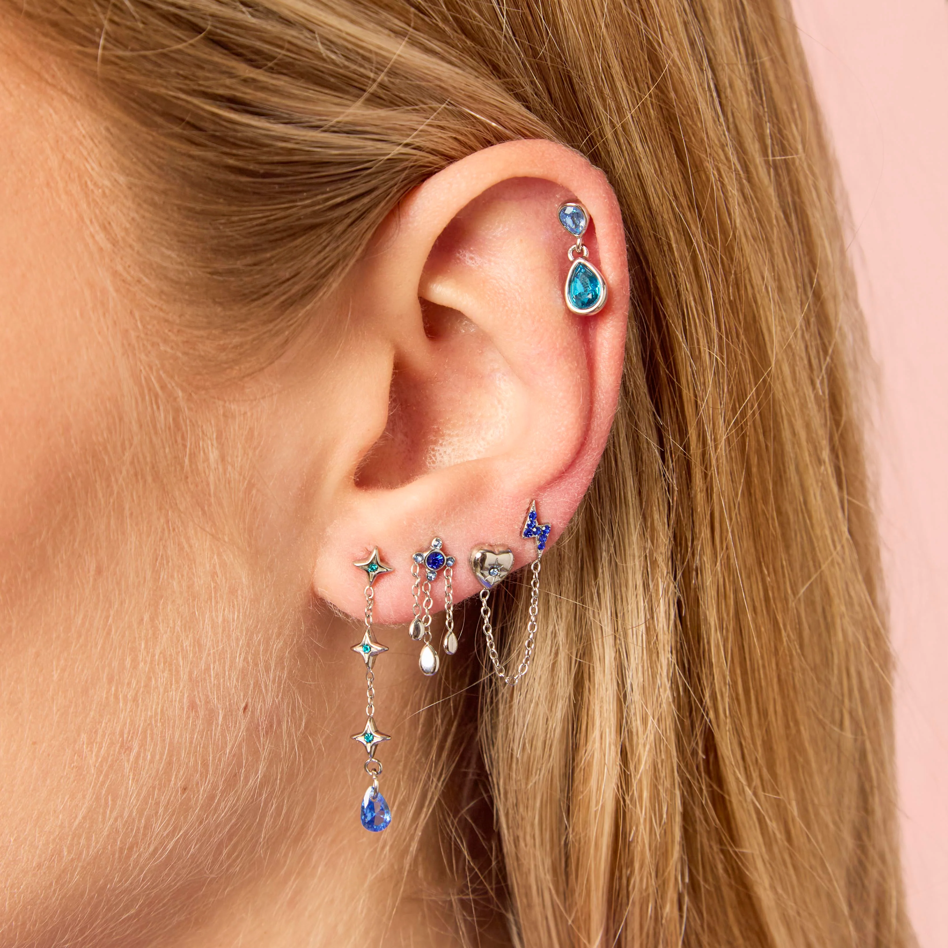 Yasmine Silver Blue Droplet Earring Stacker Set - Image 2