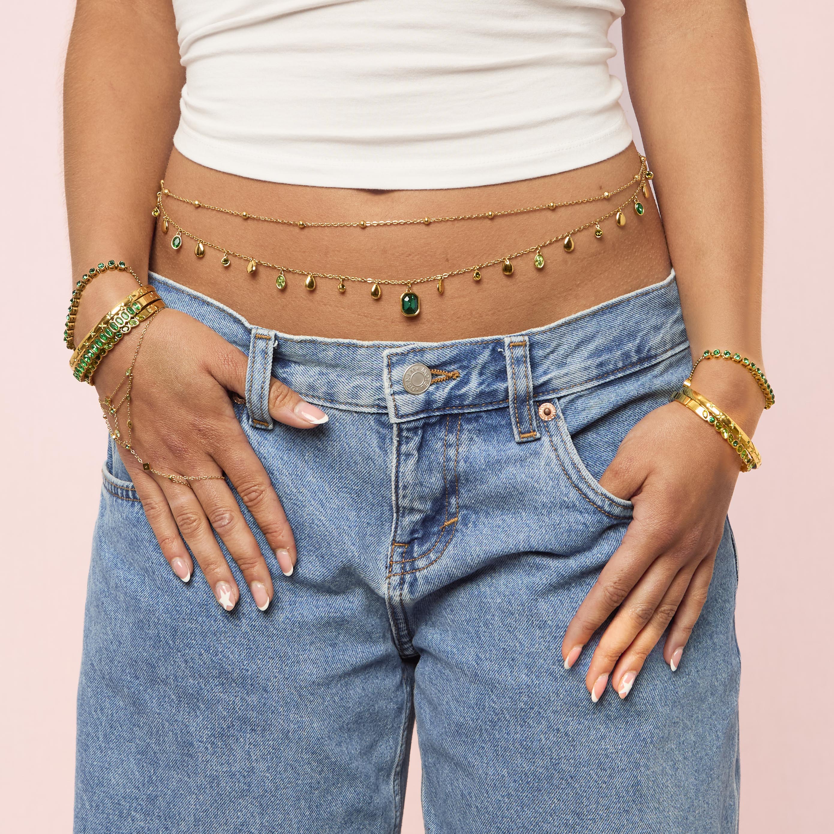 Ysabelle Gold Green Double Droplet Stacking Belly Chain - Image 2